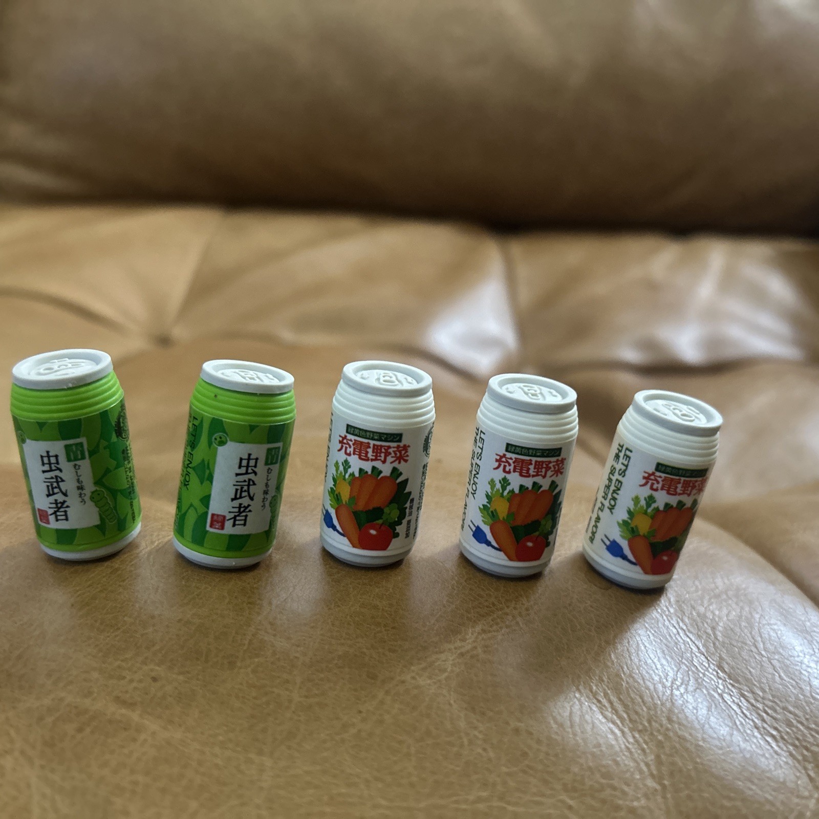 IWAKO Japanese Erasers Mixed Lot of 5. Vegetable Juice and Green Tea Cans.