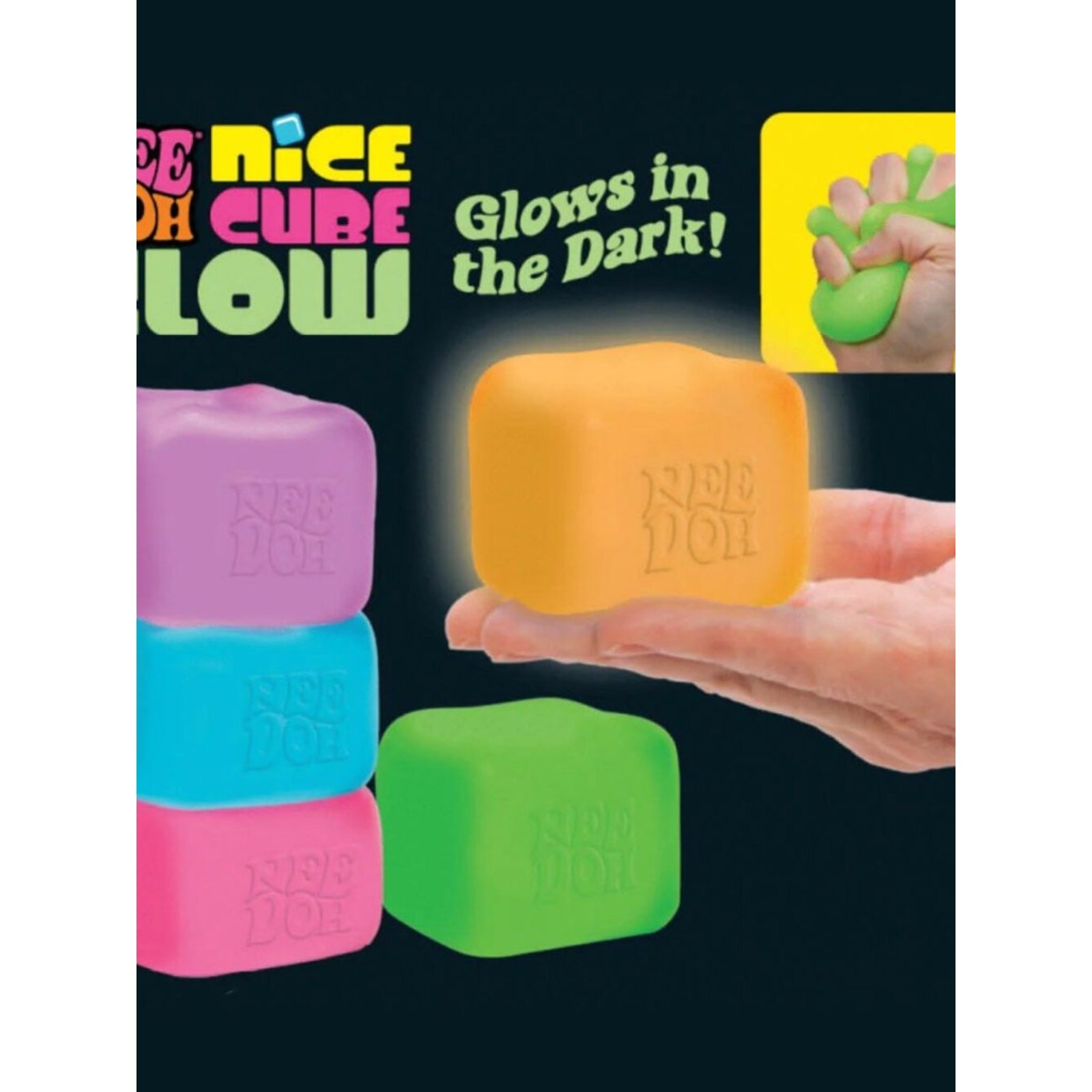NeeDoh Nice Cube Glow – ORANGE, 1 pc-Super Solid Squish Fidget Sensory Toy – NIB