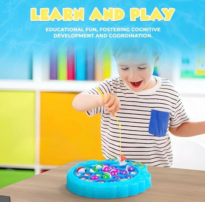 Fishing Game Play Set – 21 Fish, 4 Poles, Rotating Board On-Off Music Switch