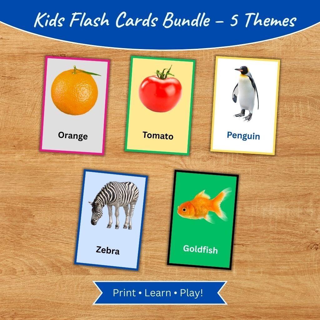 Printable Kids Flash Cards Bundle | Fruits, Vegetables, Animals, Birds, Fish