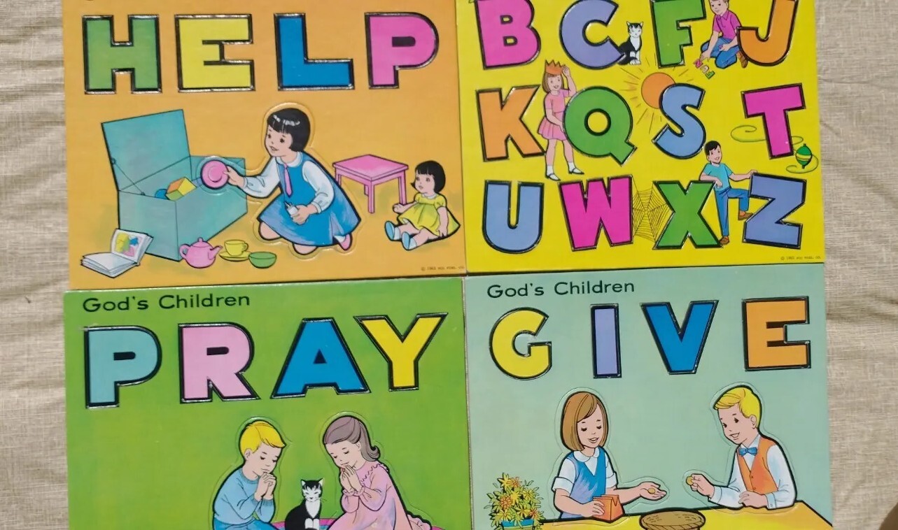 Vtg Set Bible Truths Puzzle Cards:Spell, Reading Religious Children David C Cook