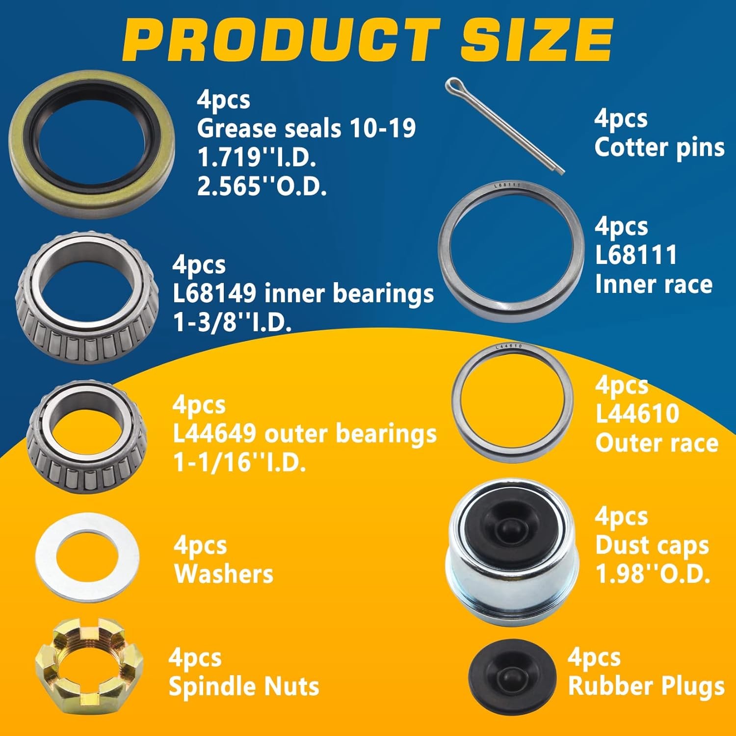 4Sets L68149 L44649 Trailer Axle Hub Bearings Kit with 171255TB Grease Seals, 1.
