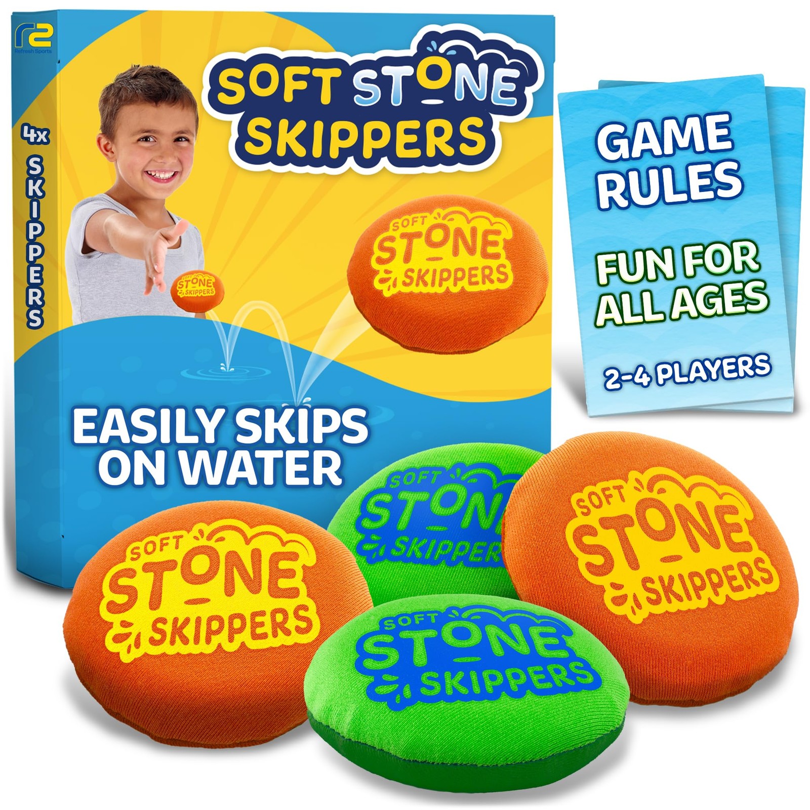 Soft Stone Skippers Game – Fun Pool Toys for Kids All Ages – 4 Orange & Green