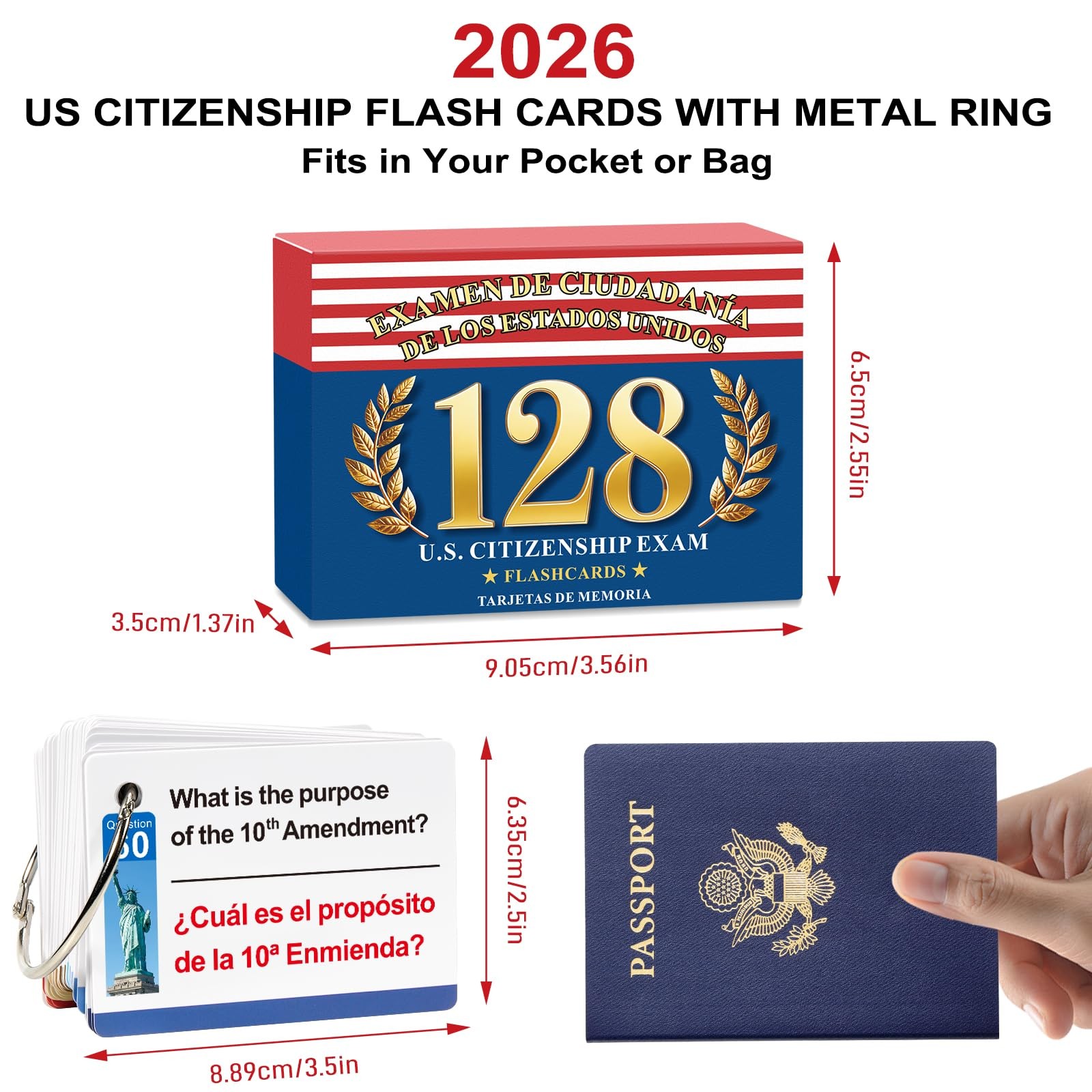 2026 New Us Citizenship Test Flash Cards 2026, Tarjetas para 3.6″x2.5″, Red