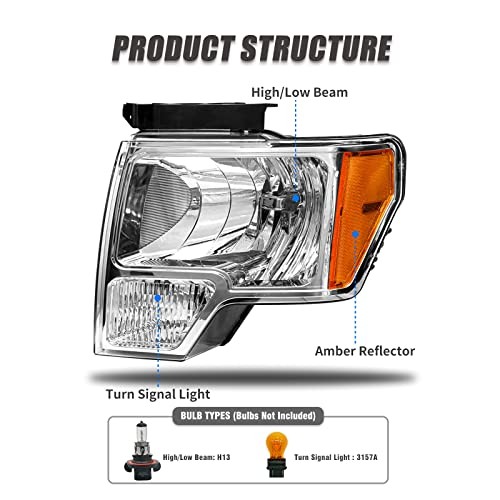 Headlight Assembly Ford F150 2009-2014 Chrome Pair