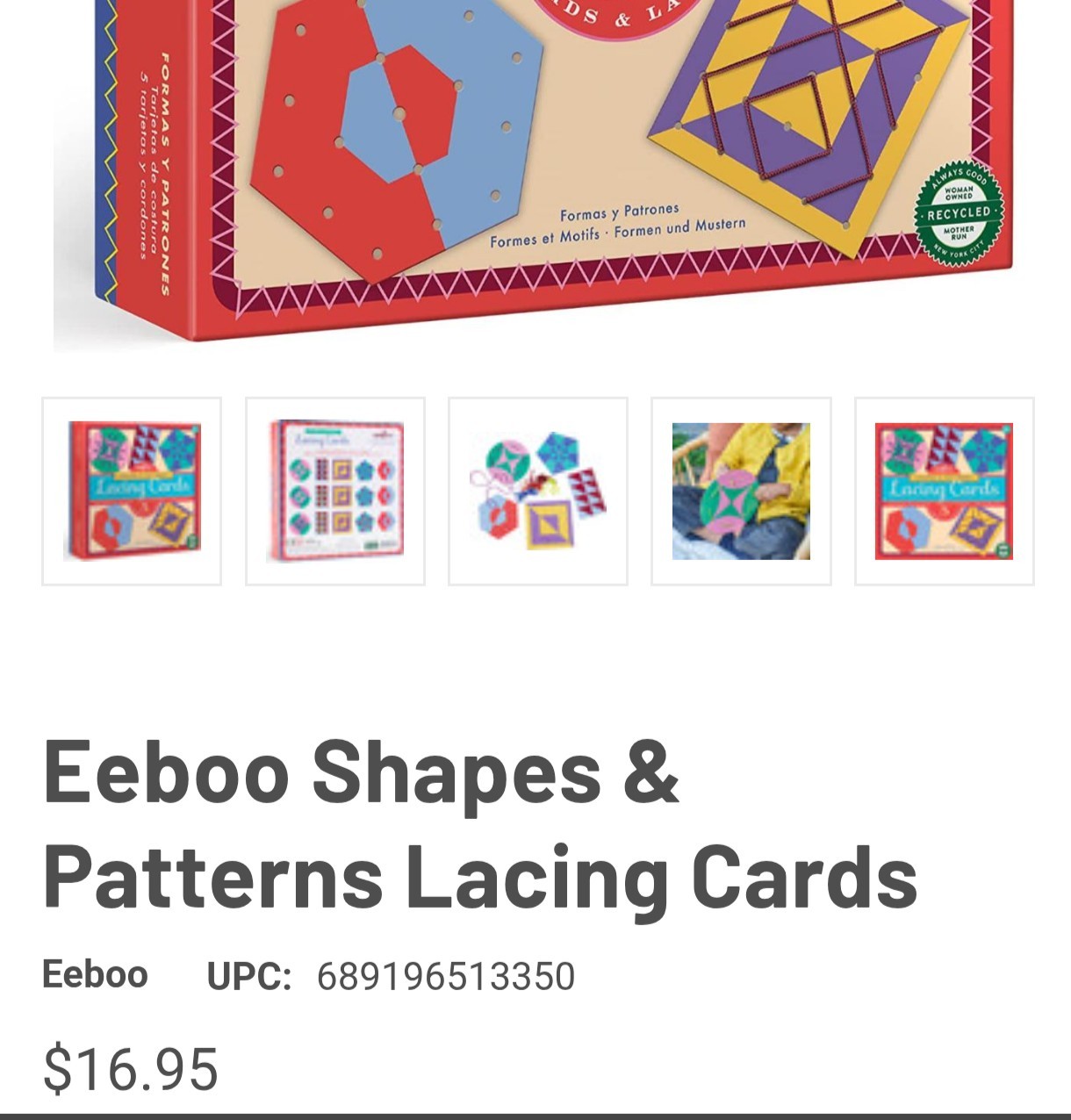 3 eeBoo Shapes & Patterns Lacing Cards Lace & Learn Geometric Designs Age 5+