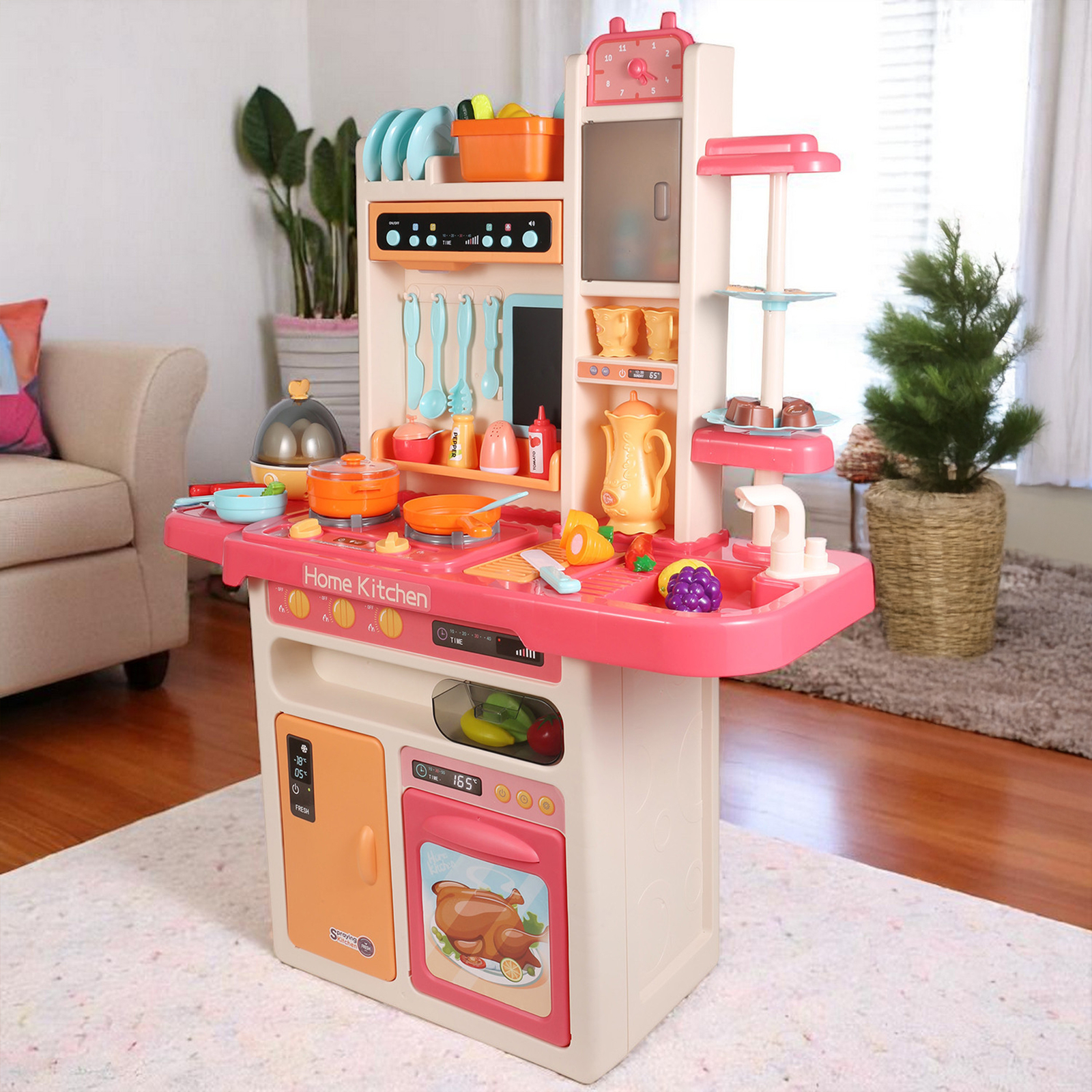 Interactive Kids Kitchen PlaySet with Steam, Light, Music & 65 Pcs Accessories