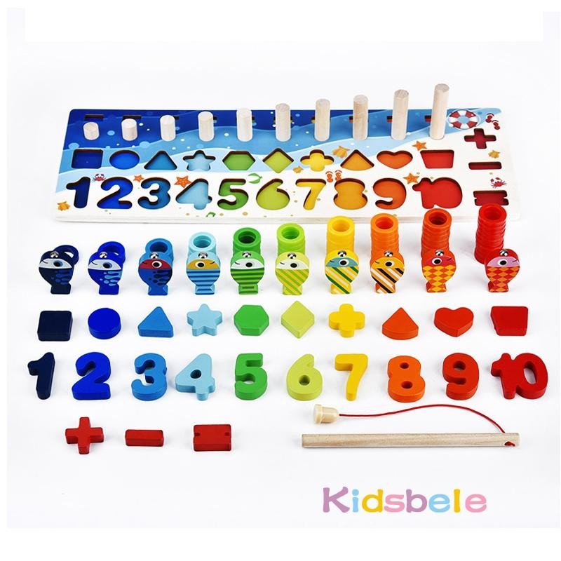 Kids Montessori Maths Wooden Puzzles Toddlers Counting Shapes Sorting Board