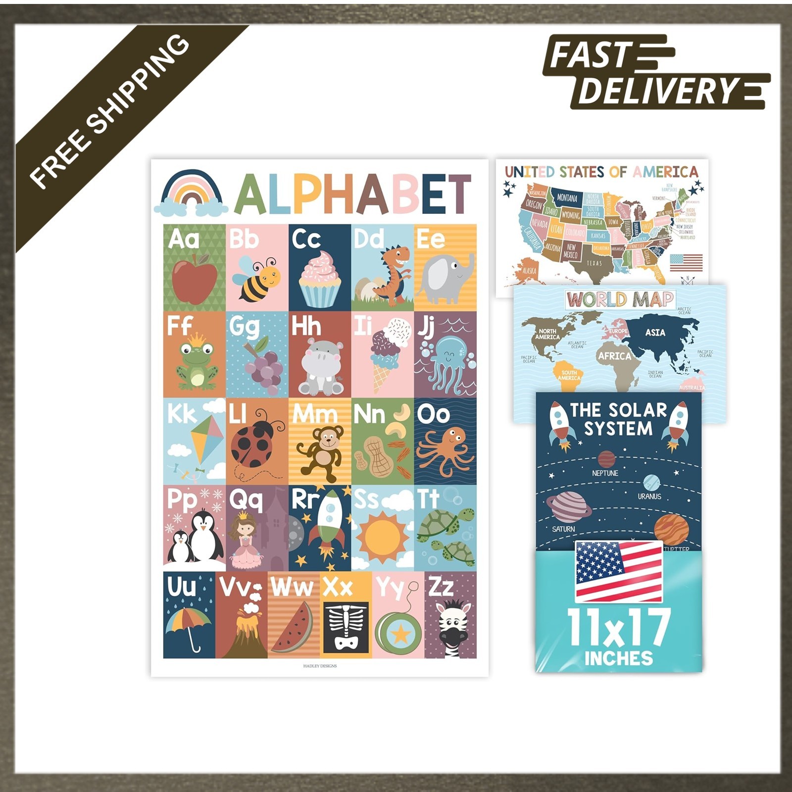 Educational Posters Set 4 Laminated Charts for Toddlers Kids Classroom Learning