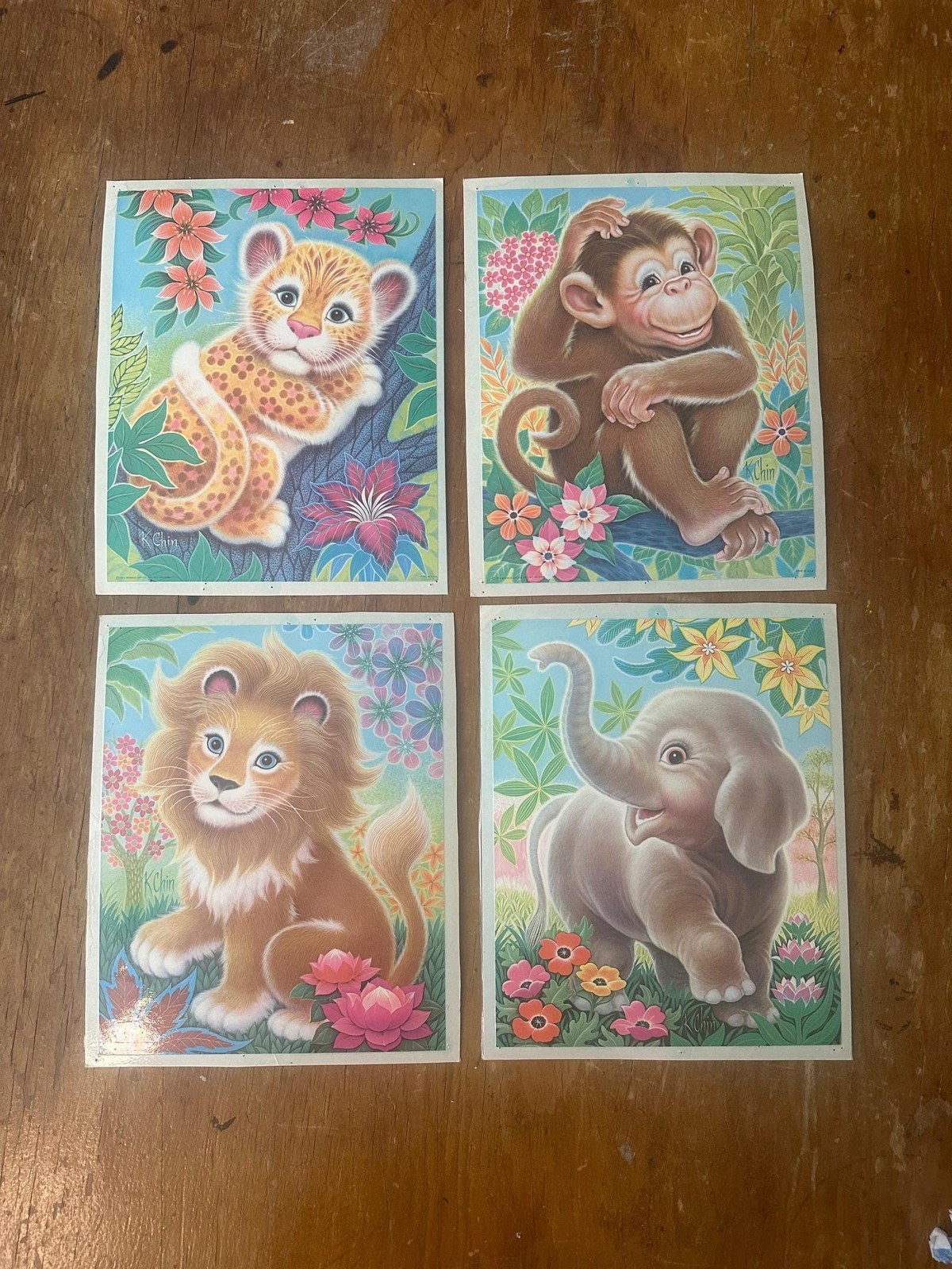 Vintage K. Chin, Animal Prints, 1970s, Nursery Art, Set of 4, Assorted