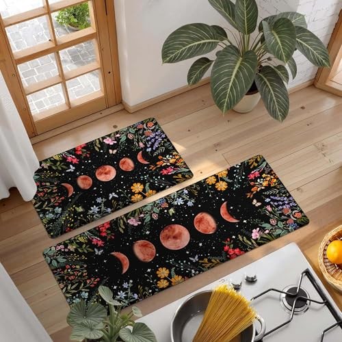 Kitchen Rug Mats for Floor Anti Fatigue Floral Boho Moon Kitchen Rugs Sets of 2