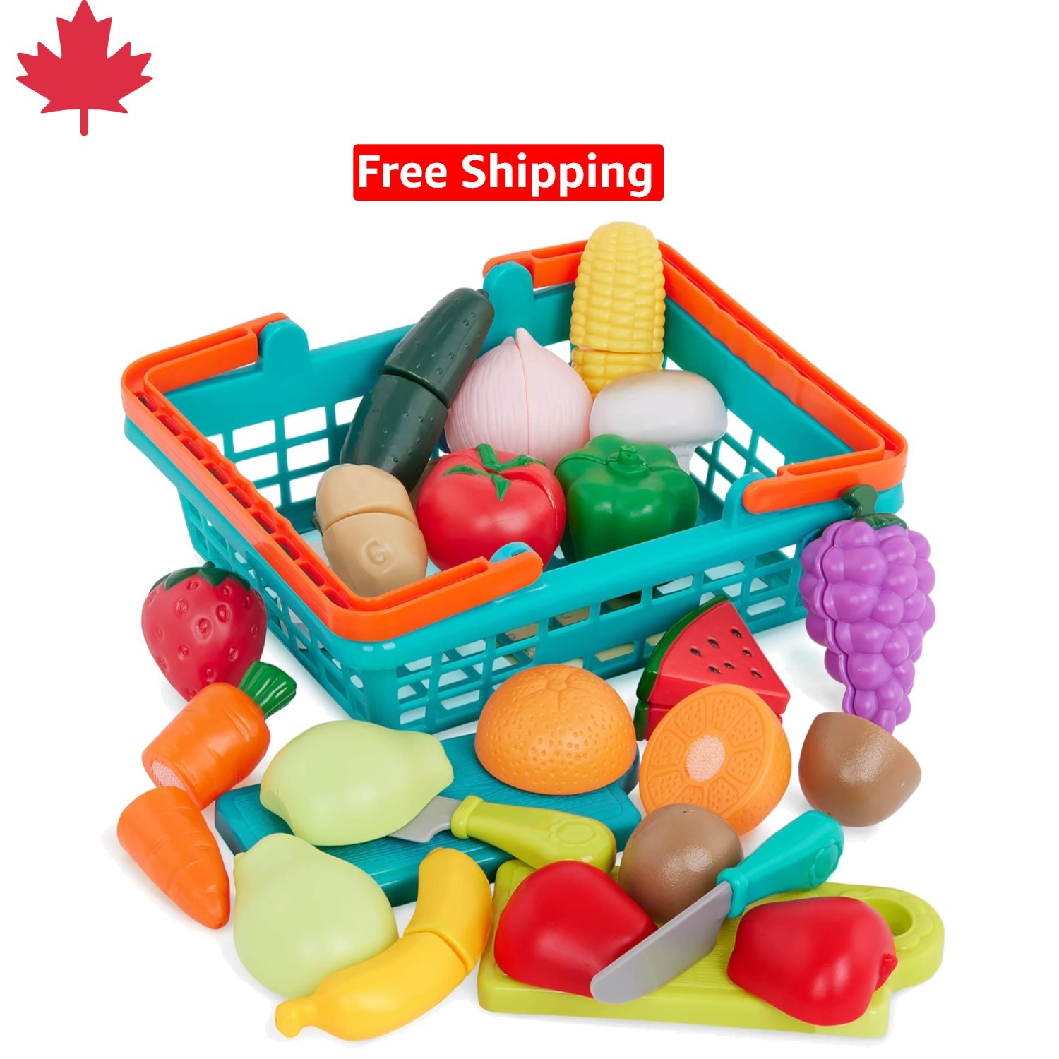 Multicolor Farmers Market Toy Food Basket for Creative Pretend Play – 37 Pieces