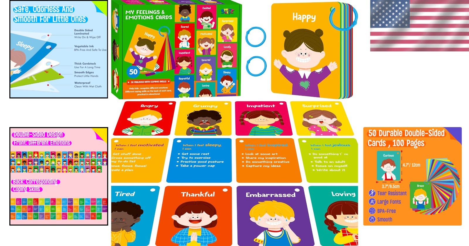 Double-Sided Kids Emotion Flashcards – 50 Cartoon Faces & Skills for Therapy