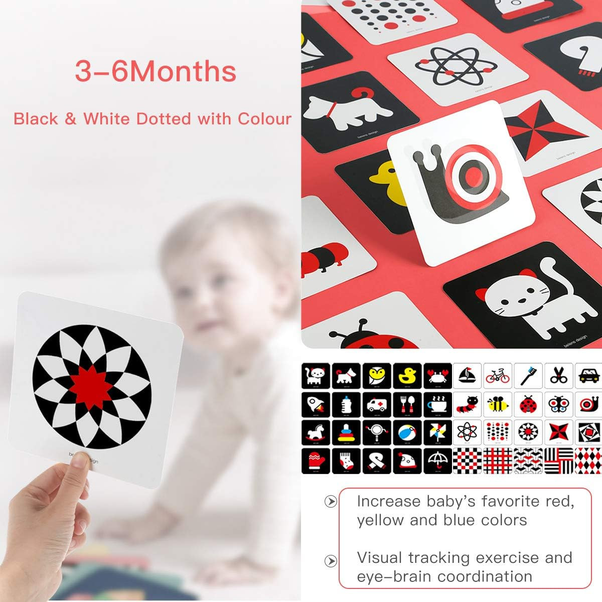 Beiens High Contrast Baby Flashcard, 80 Pcs 160 Page Black White Colorful Visual