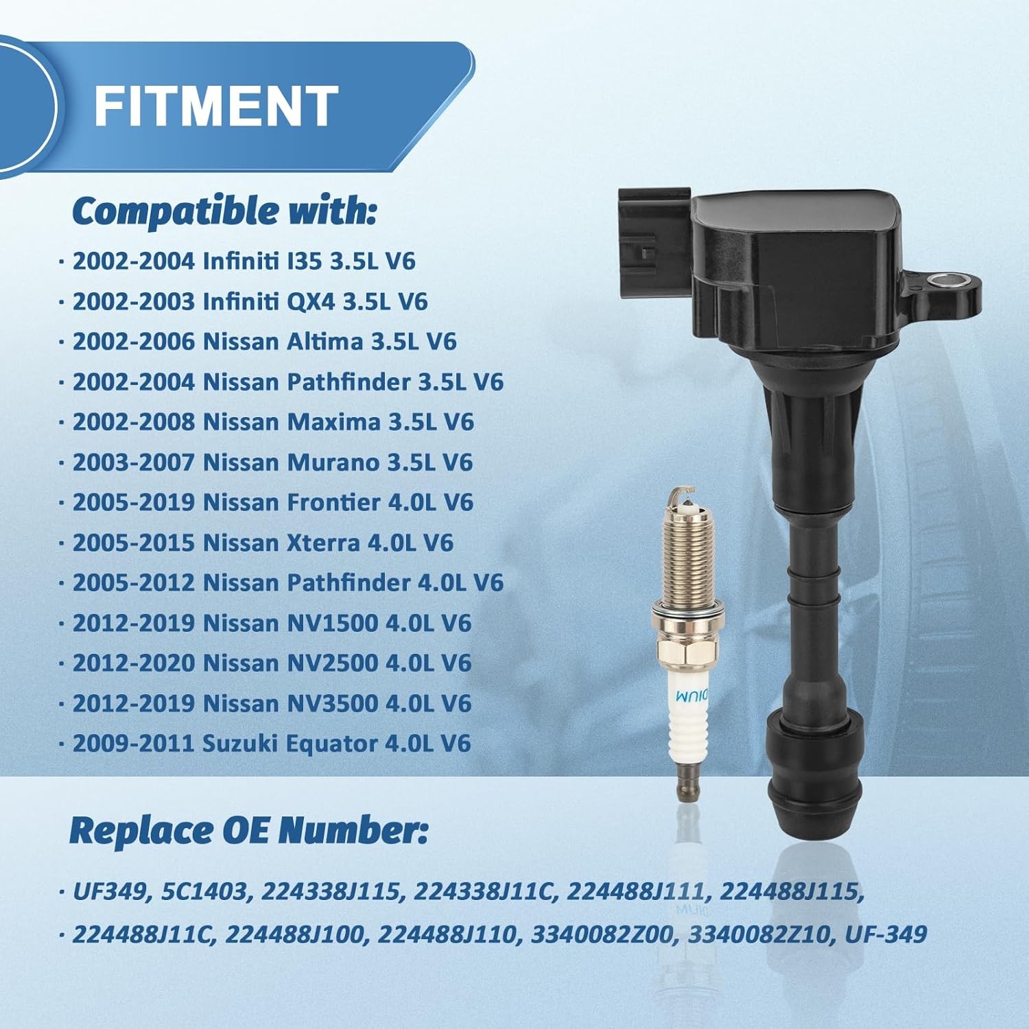 Set of 6 UF349 Ignition Coil Pack and Iridium Spark Plugs Compatible with Nissan