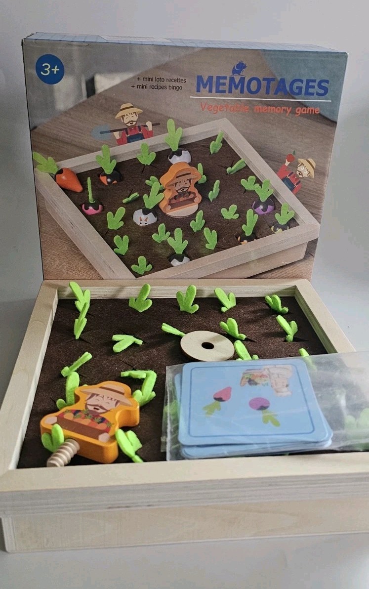 MEMOTAGES BRAND WOOD GAMES VEGETABLE MEMORY GAME Open Box