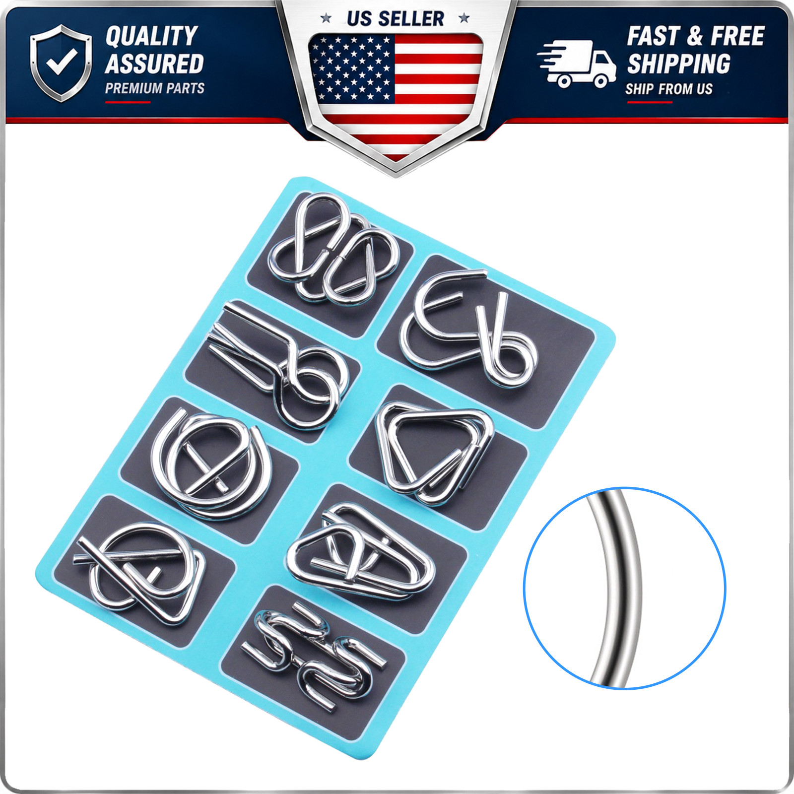 8PCS Blue Metal Wire Puzzle Brain Teaser Nine Linked Rings Toy