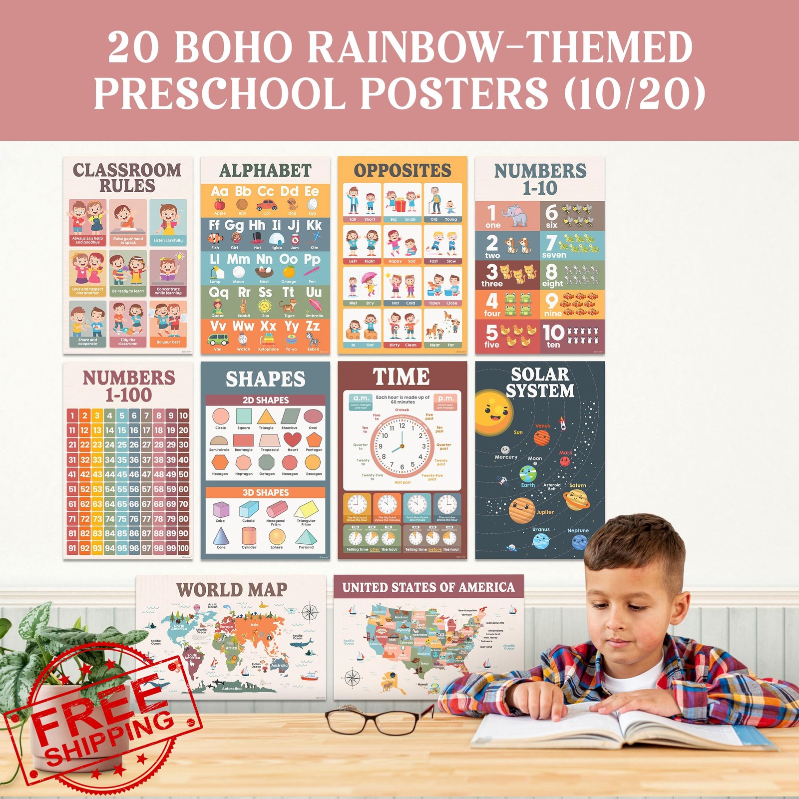 Decorably 20 Boho Learning Posters Toddlers 3-5 11×17