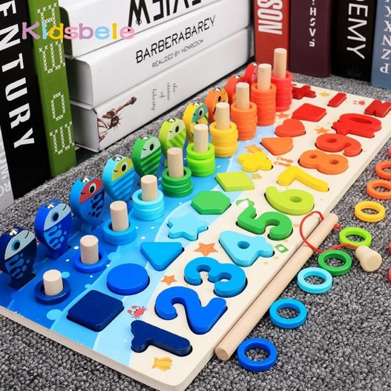 Kids Montessori Maths Wooden Puzzles Toddlers Counting Shapes Sorting Board