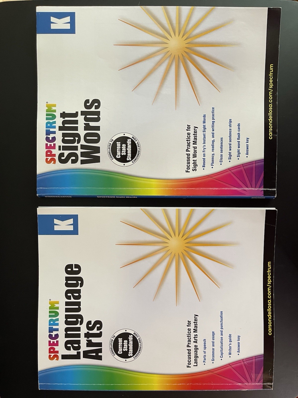 Spectrum Sight Words & Language Arts Workbooks + Alphabet/Phonics Flash Cards