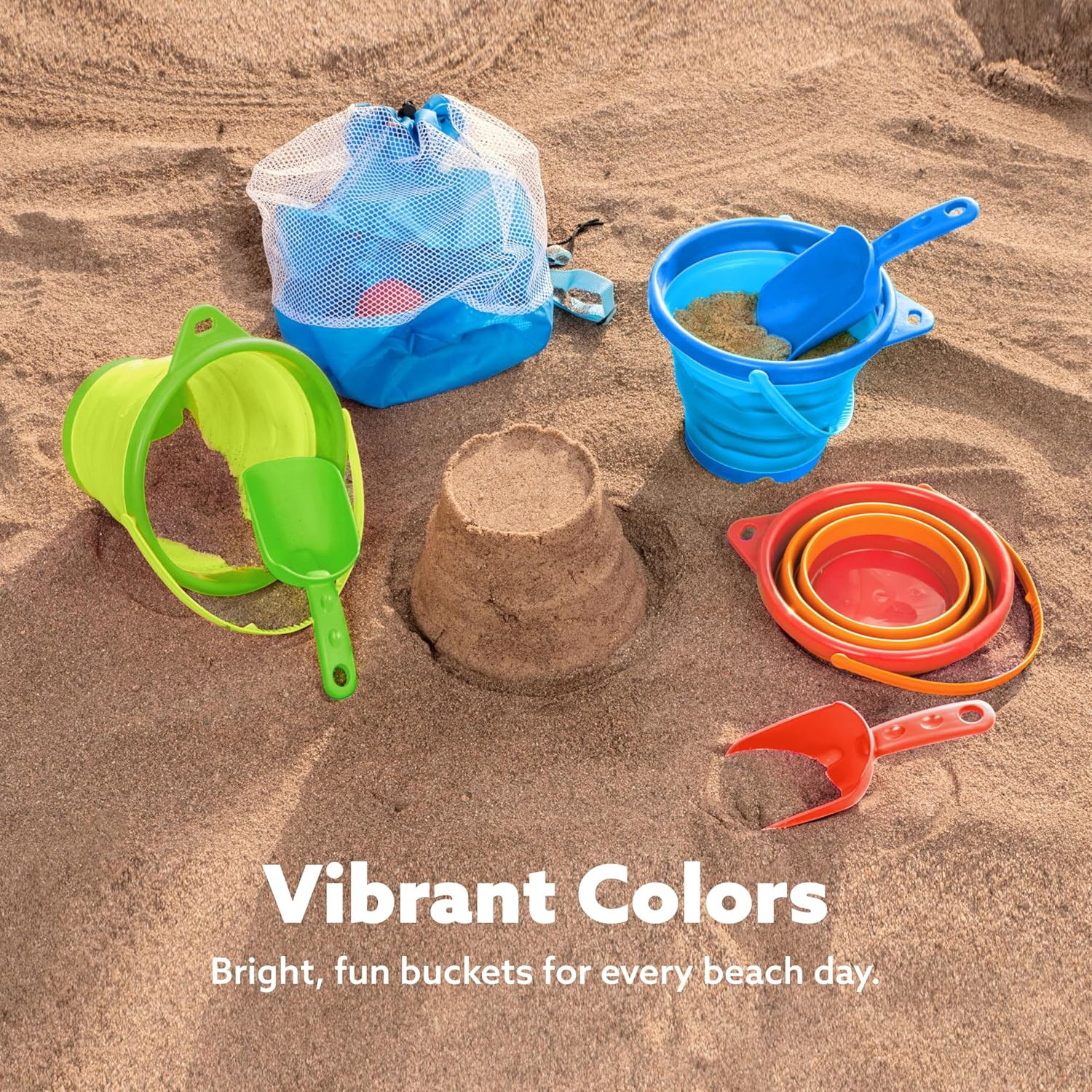 3 Packs Foldable Pail Bucket with Shovels & Mesh Bag, Collapsible Buckets Multi