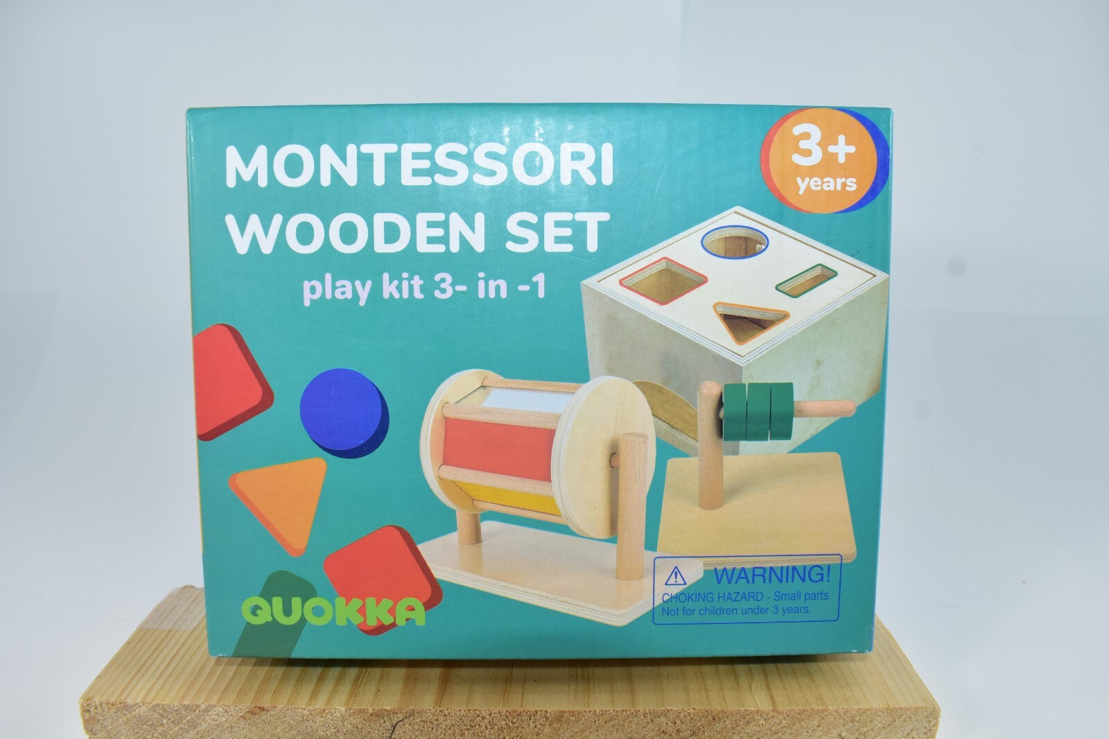 Quokka Montessori 3-in-1 Wooden Play Kit Spinning Drum, Horizontal Discs, Shape