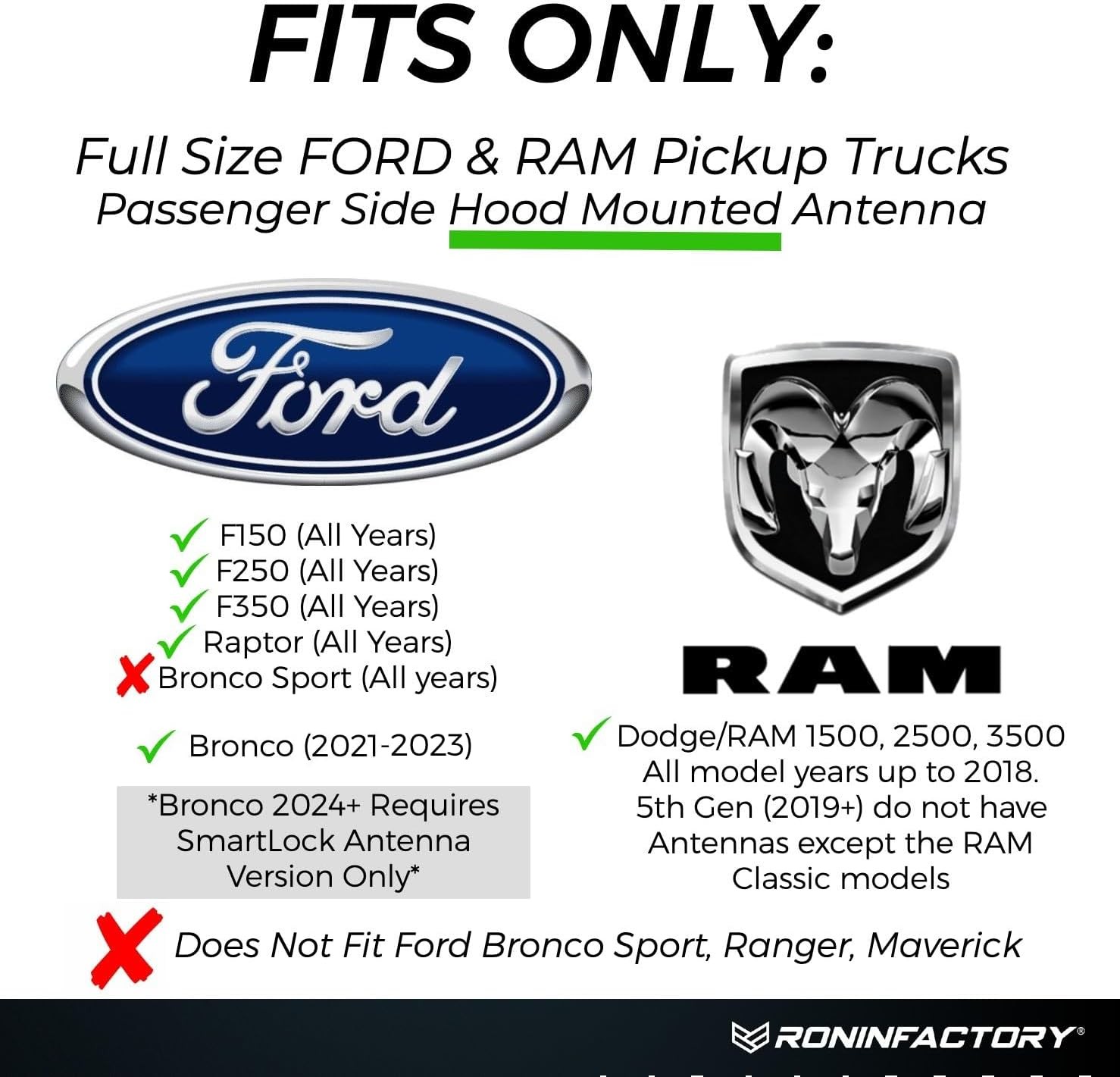 Ronin Factory 50 Cal Bullet Antenna – Ford F150 F250 F350 Super Duty Raptor (Bro