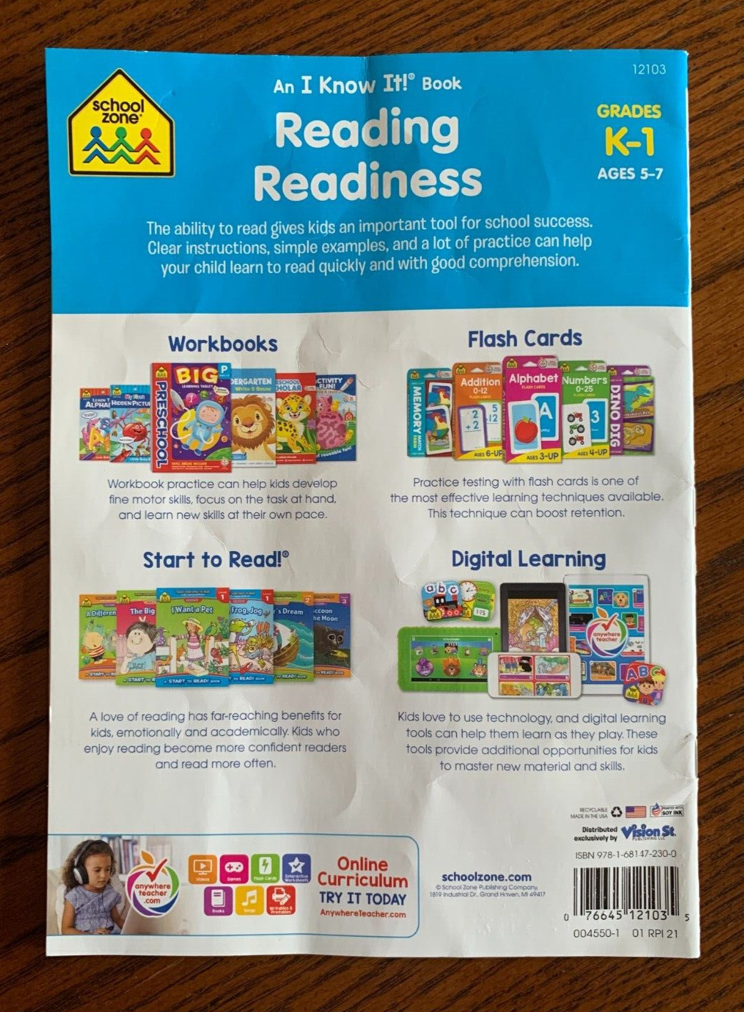 SCHOOL ZONE Reading Readiness Workbook **GRADES K-1 AGES 5-7***New/Free Ship