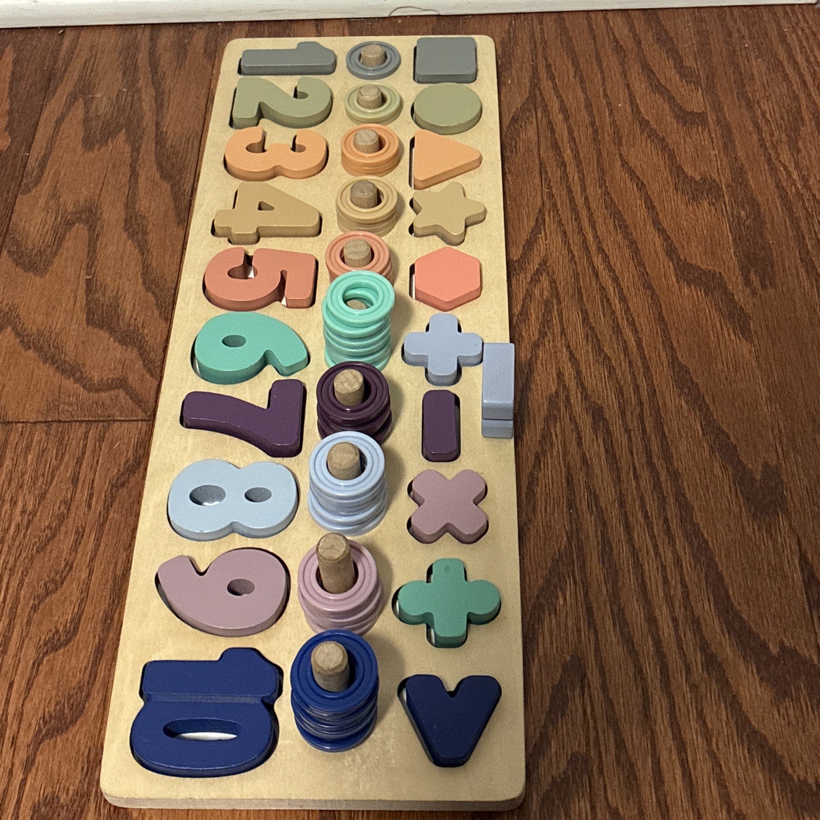 Wooden Montessori Counting Board 1-10 Numbers Shapes Stacking Rings Math Toy
