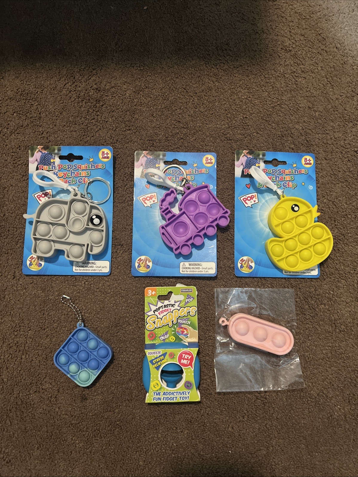 Lot of 6 Pop Keychain & Back Clip Push Pop Squishers Sensory Duck Train Elephant