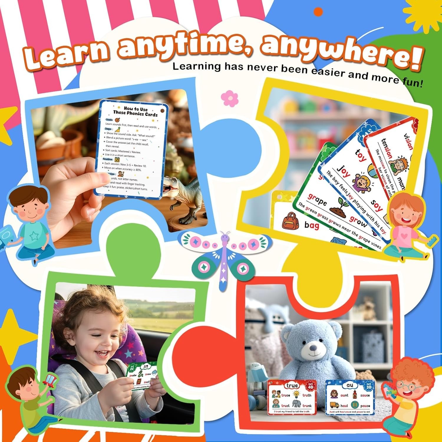 Phonics Flash Cards for Kids Ages 4-8, 62 Cards, Sight Words Reading Games