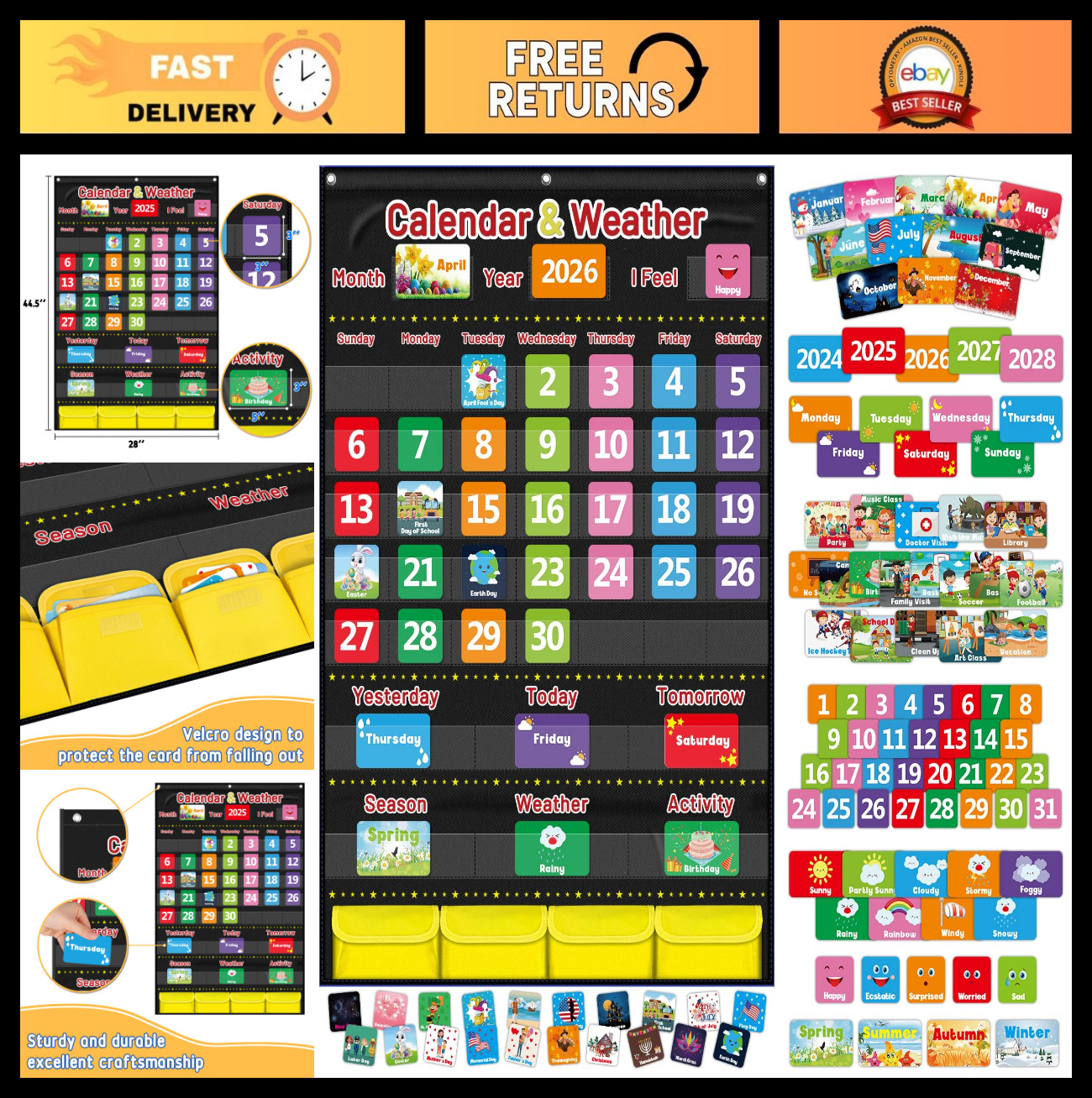 Large 44.5”x28” Kids Calendar & Weather Pocket Chart, 113 Cards, Homeschool Supp