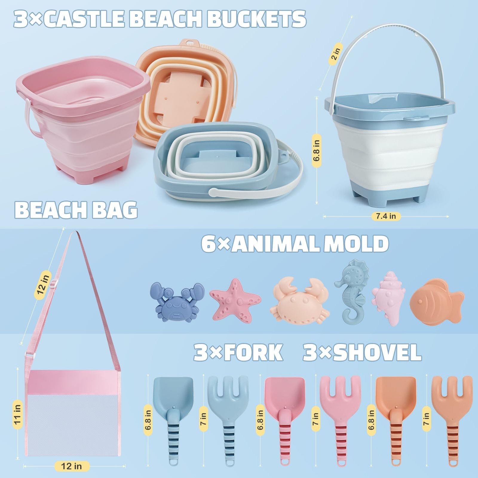 Dreamon Beach Toys Set for Kids 3-10, Collapsible Compact, Pink/Orange/Blue