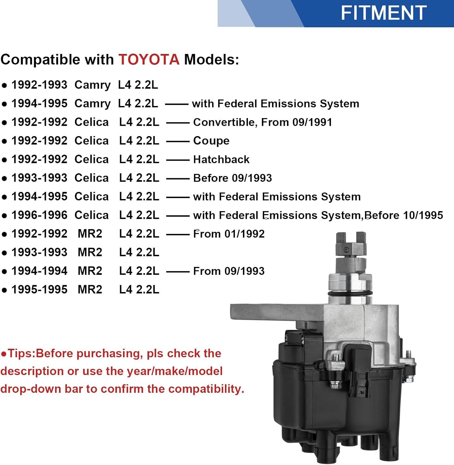 Ignition Distributor with Cap and Rotor 2.2L 4-cyl Compatible with Toyota