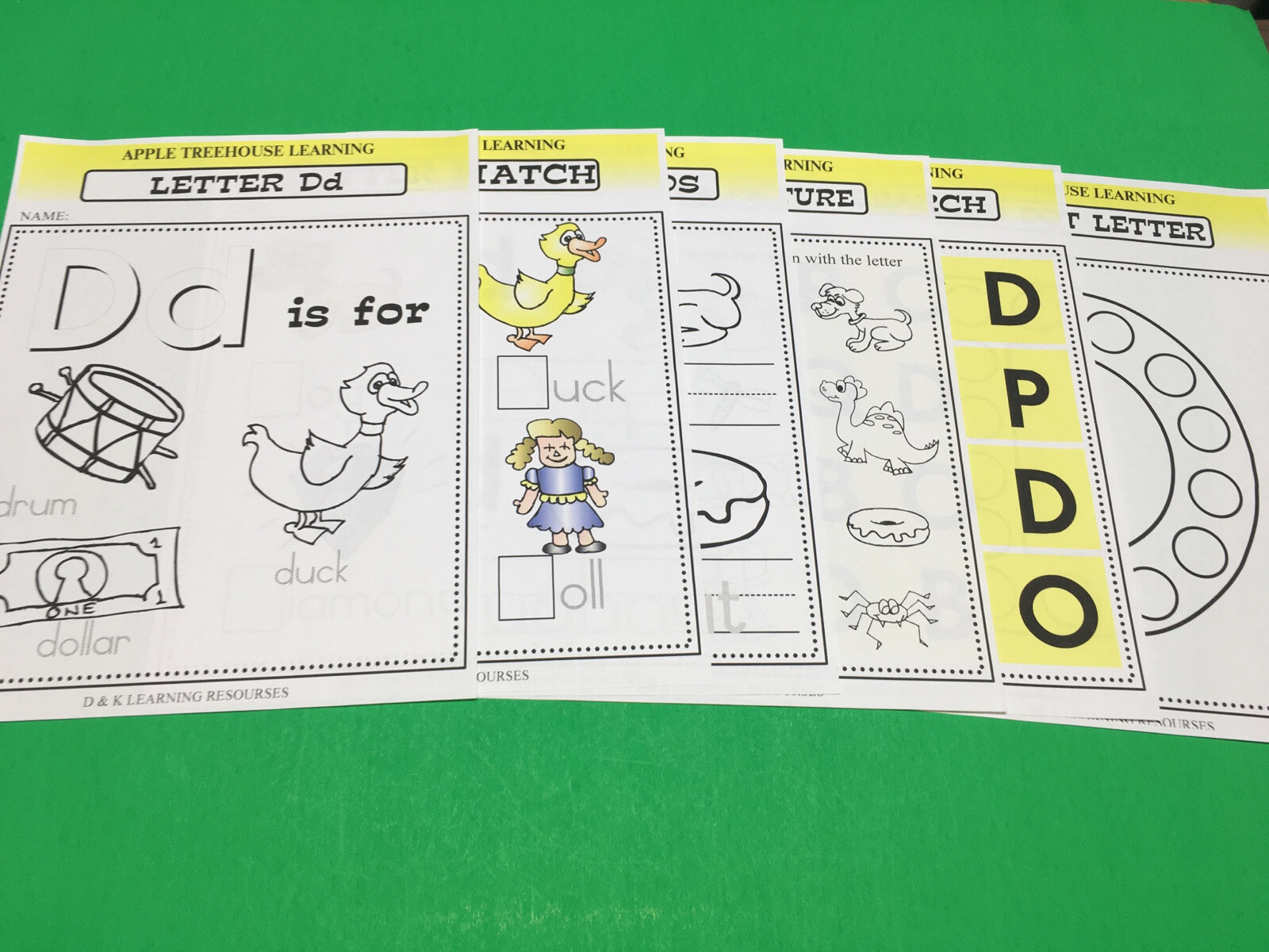 Letter Dd -Apple Treehouse Worksheets – Preschool Teaching supplies 20pgs