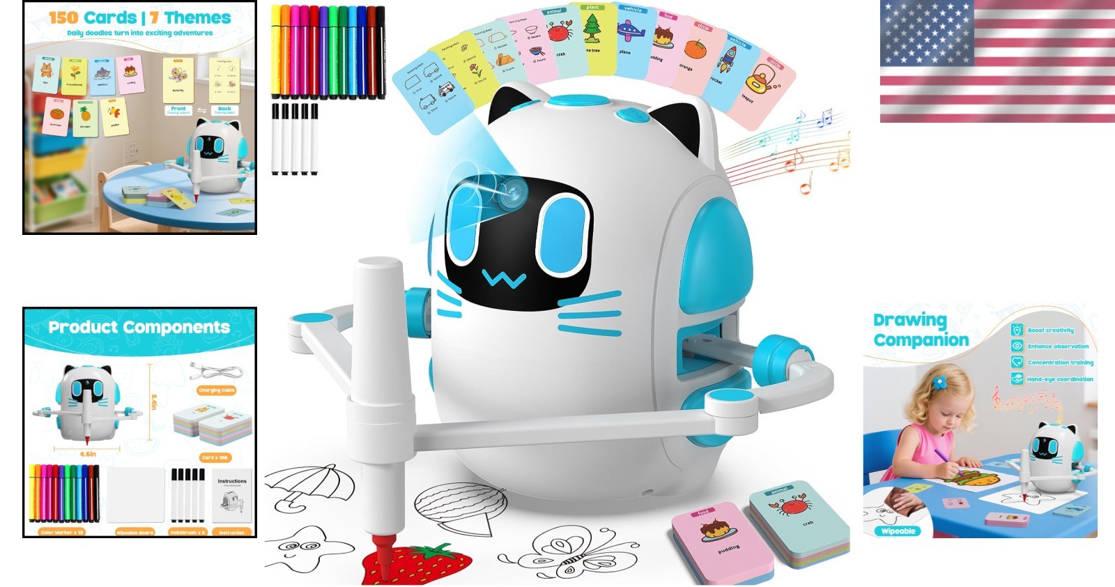 Creative Drawing Robot for Ages 3+ | 150 Cards & Color Pens – Safe & Engaging