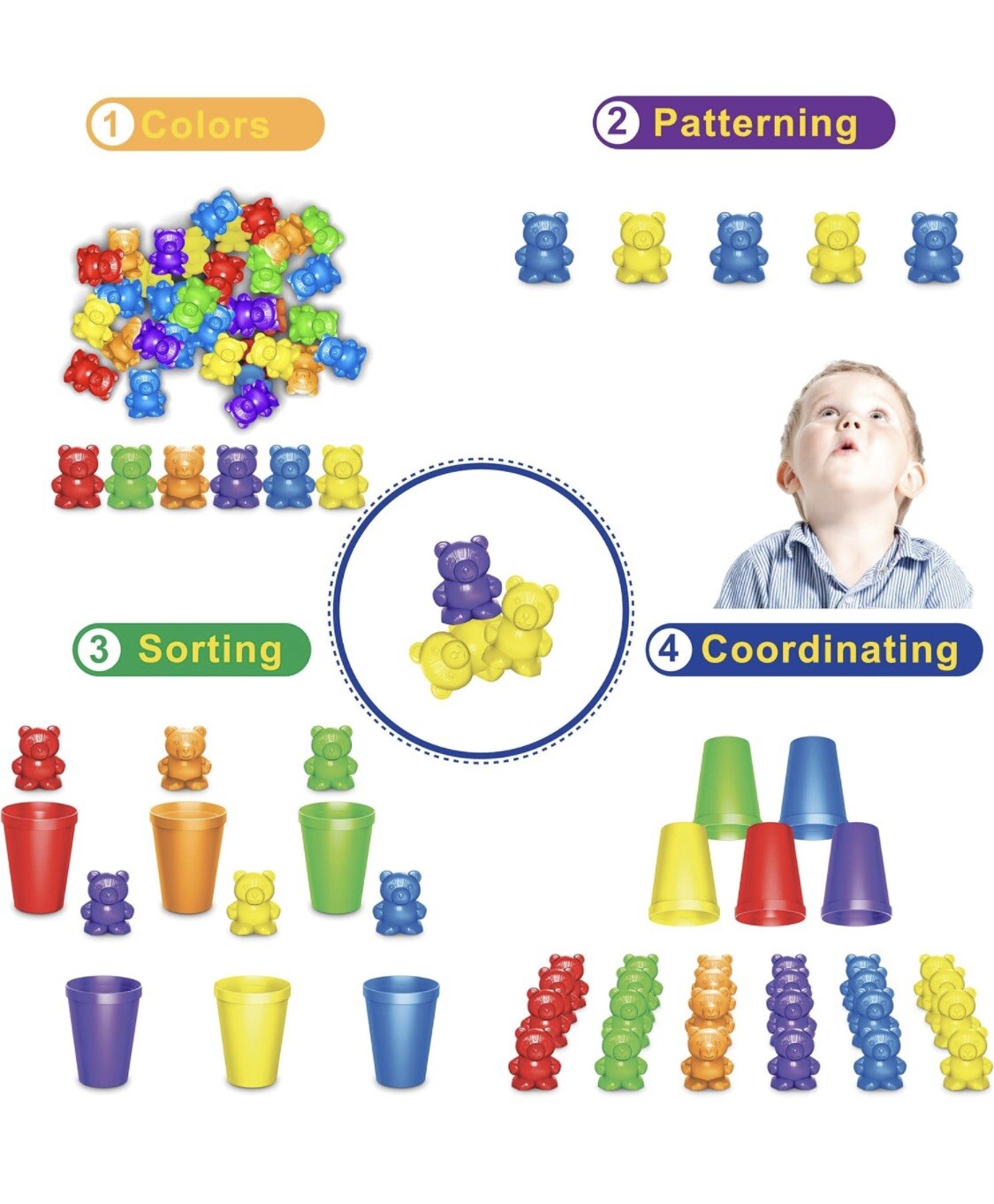 67-pc Rainbow Colored Counting Bears with Cups Sorting Educational Toys for Kids