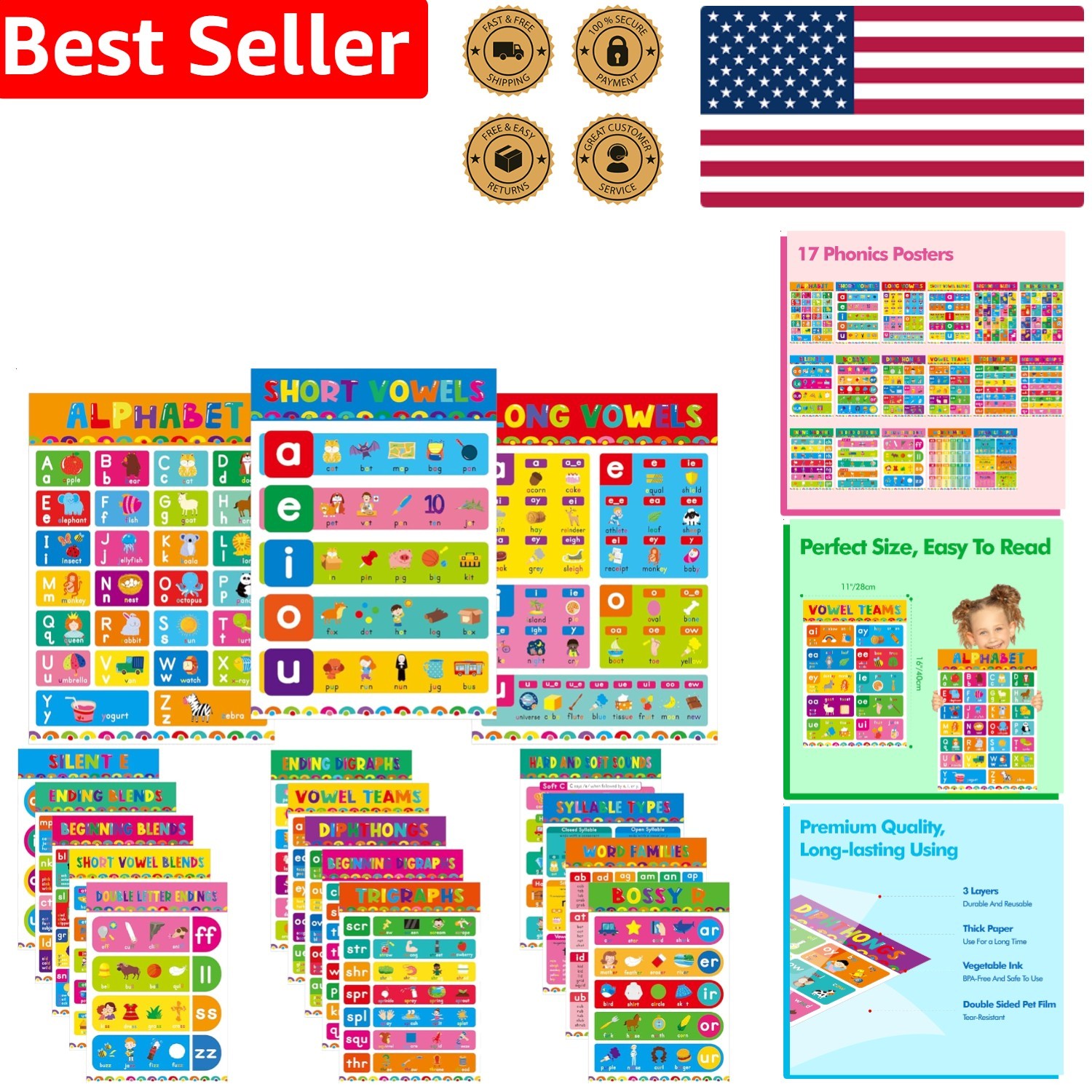 17 Phonics Posters English Language Education Kindergarten Laminated Durable …