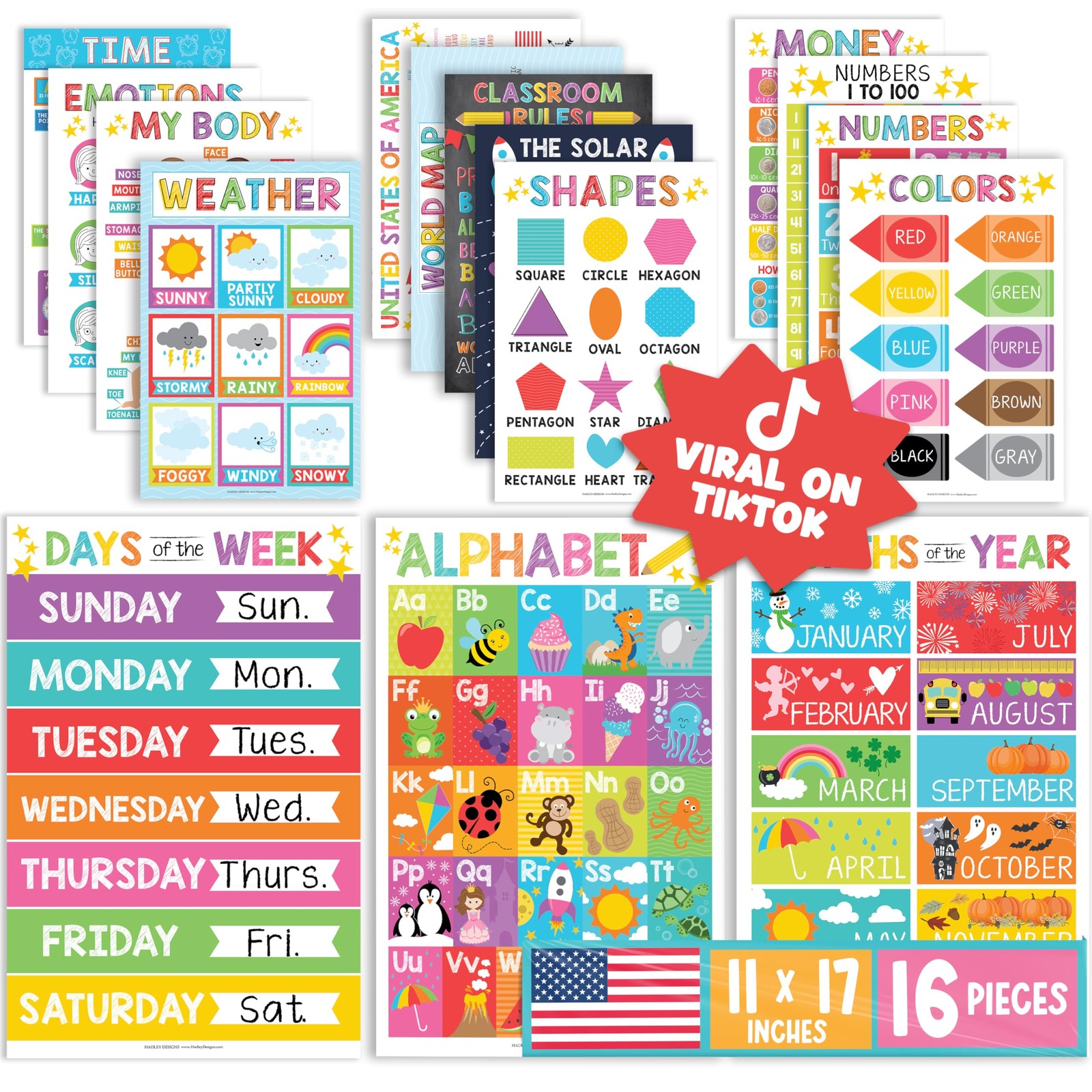 Hadley Designs 16 Educational Posters for Classroom Must Haves – Laminated Pre-K