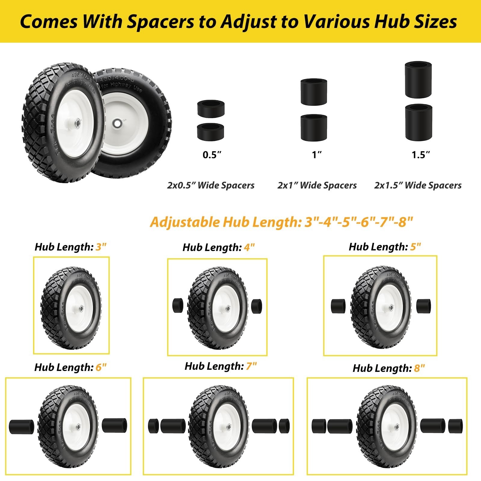16″ Flat Free PU 4.80/4.00-8″ Solid Tire with 3/4″ Ball Bearing and 3″-8″ Cen…