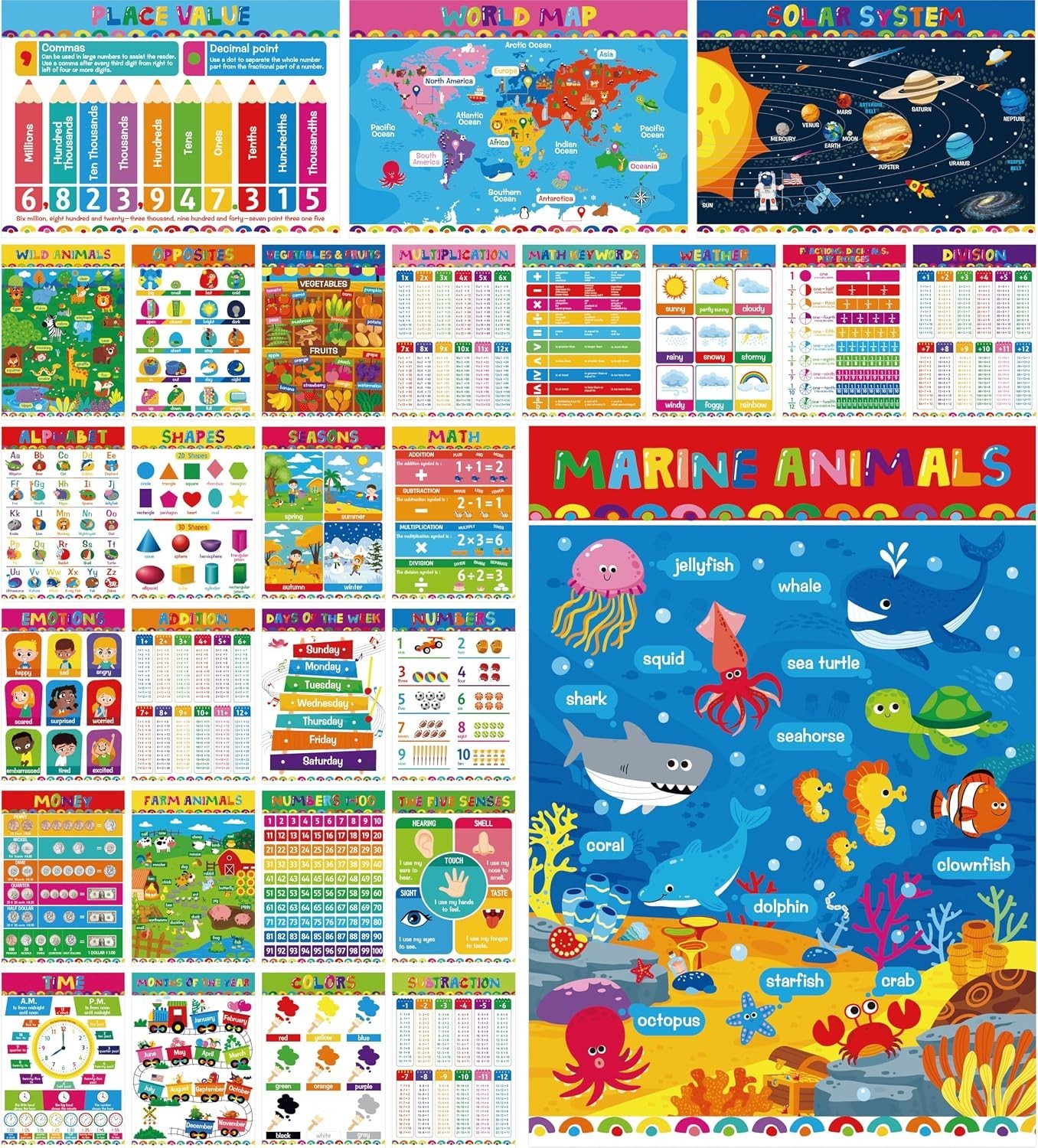 28 Educational Posters for Kids, All-in-One Set Learning Posters-Alphabet, An…