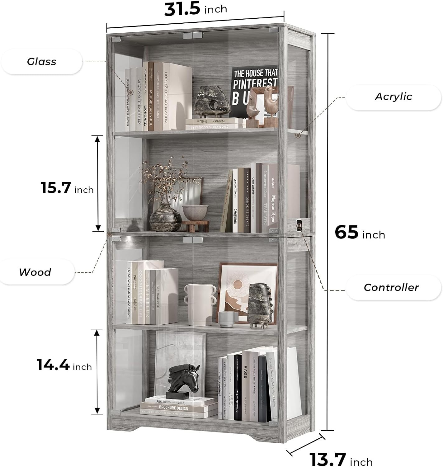 Display Cabinet with Glass Doors, 4-Tier Curio Cabinet with 3 Color Lights for