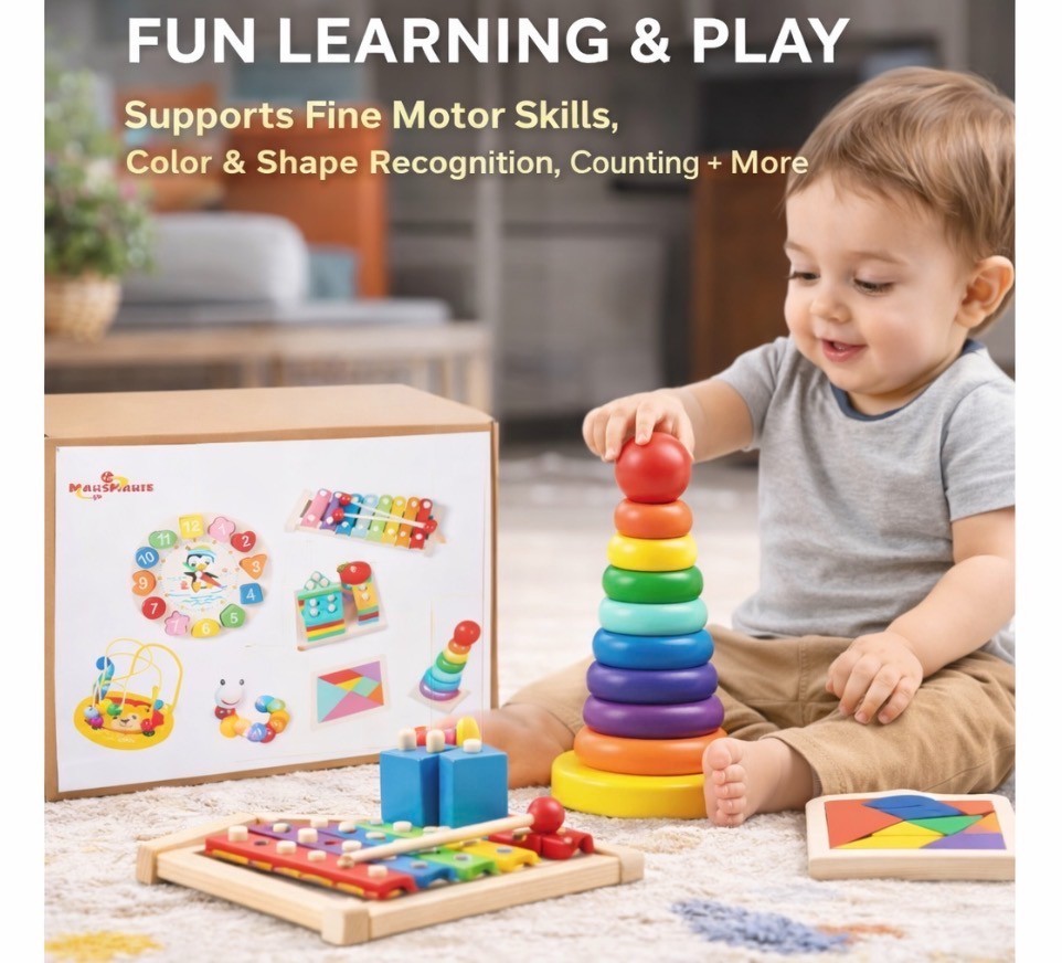 Montessori Wooden 8-in-1 Educational Toy Set for Toddlers 3+ | Learning Bundle