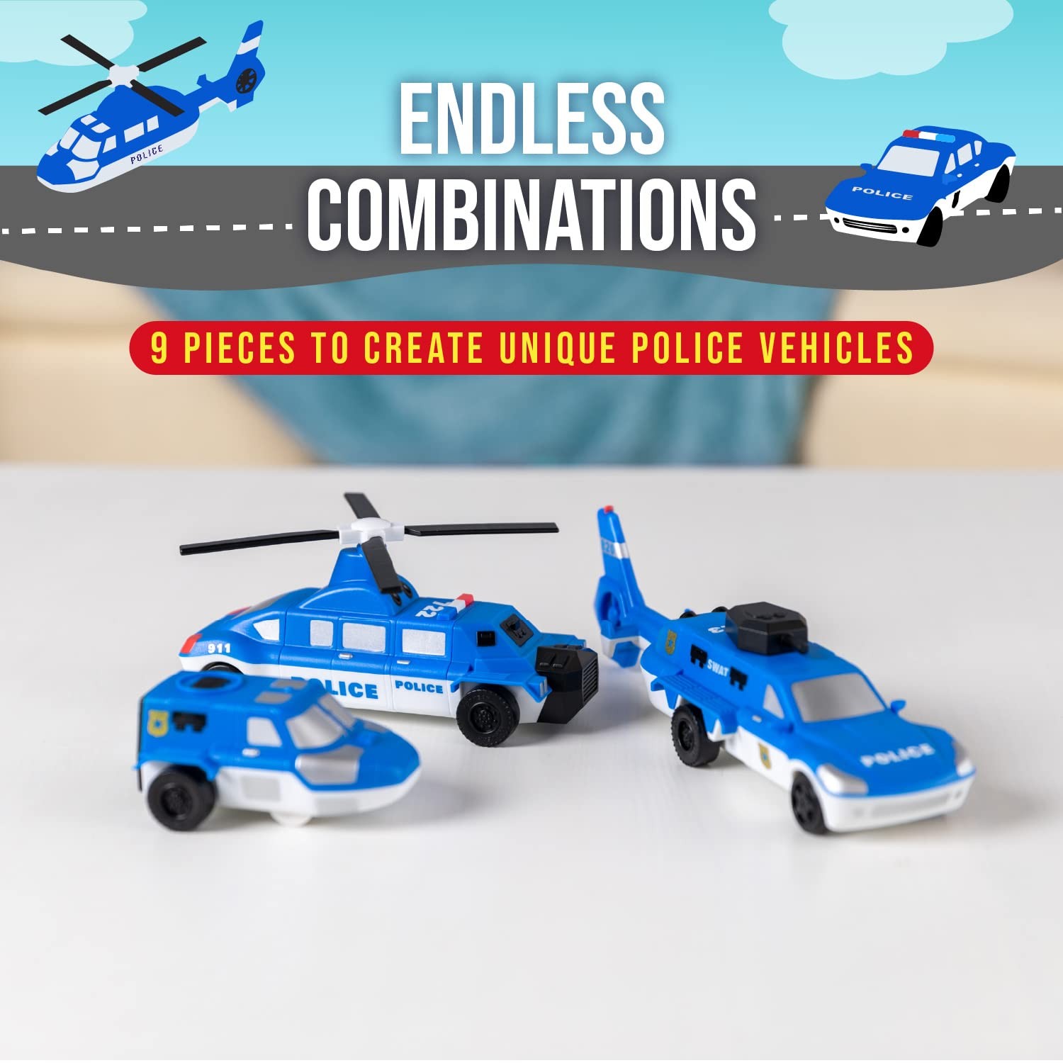 Mix and Match Police Vehicles Magnetic Toy Set for Kids Ages 3 and Up