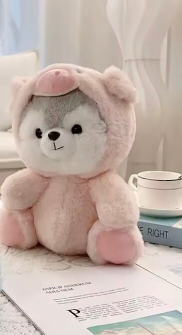 NEW Cute Husky Dog Plush Stuffed Animal with Pink Pig Costume for Women