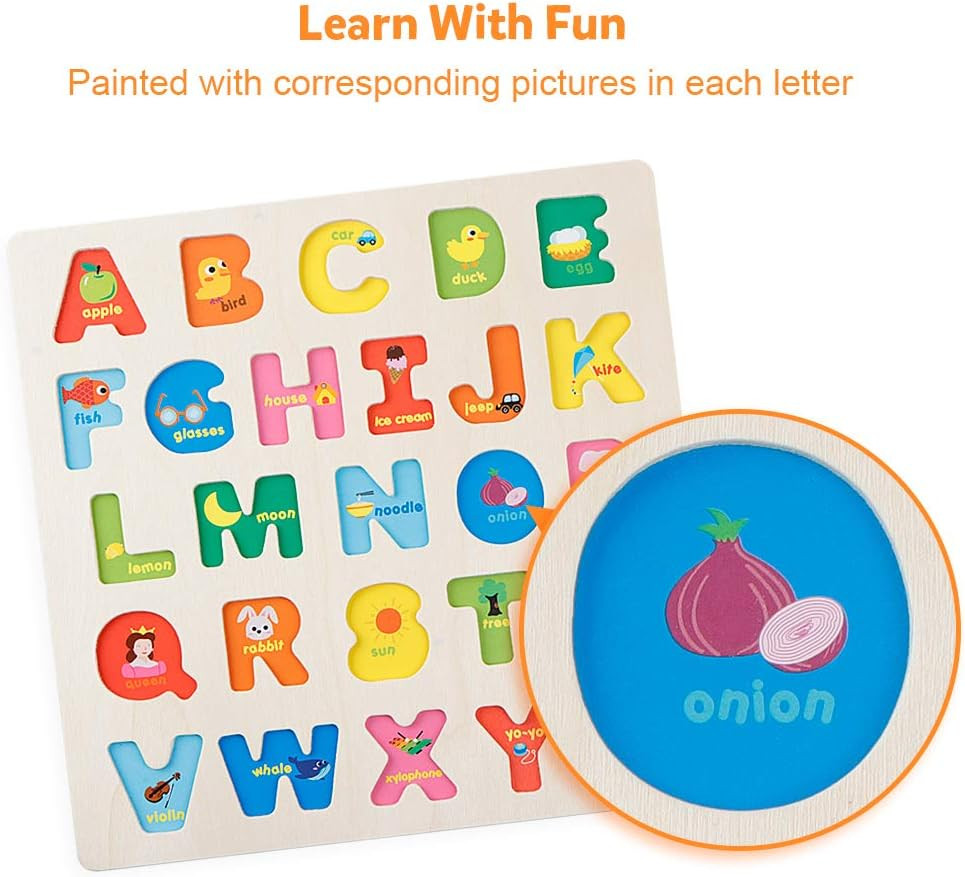 Wooden Alphabet Puzzle – ABC Letters Sorting Board Blocks Montessori Mat