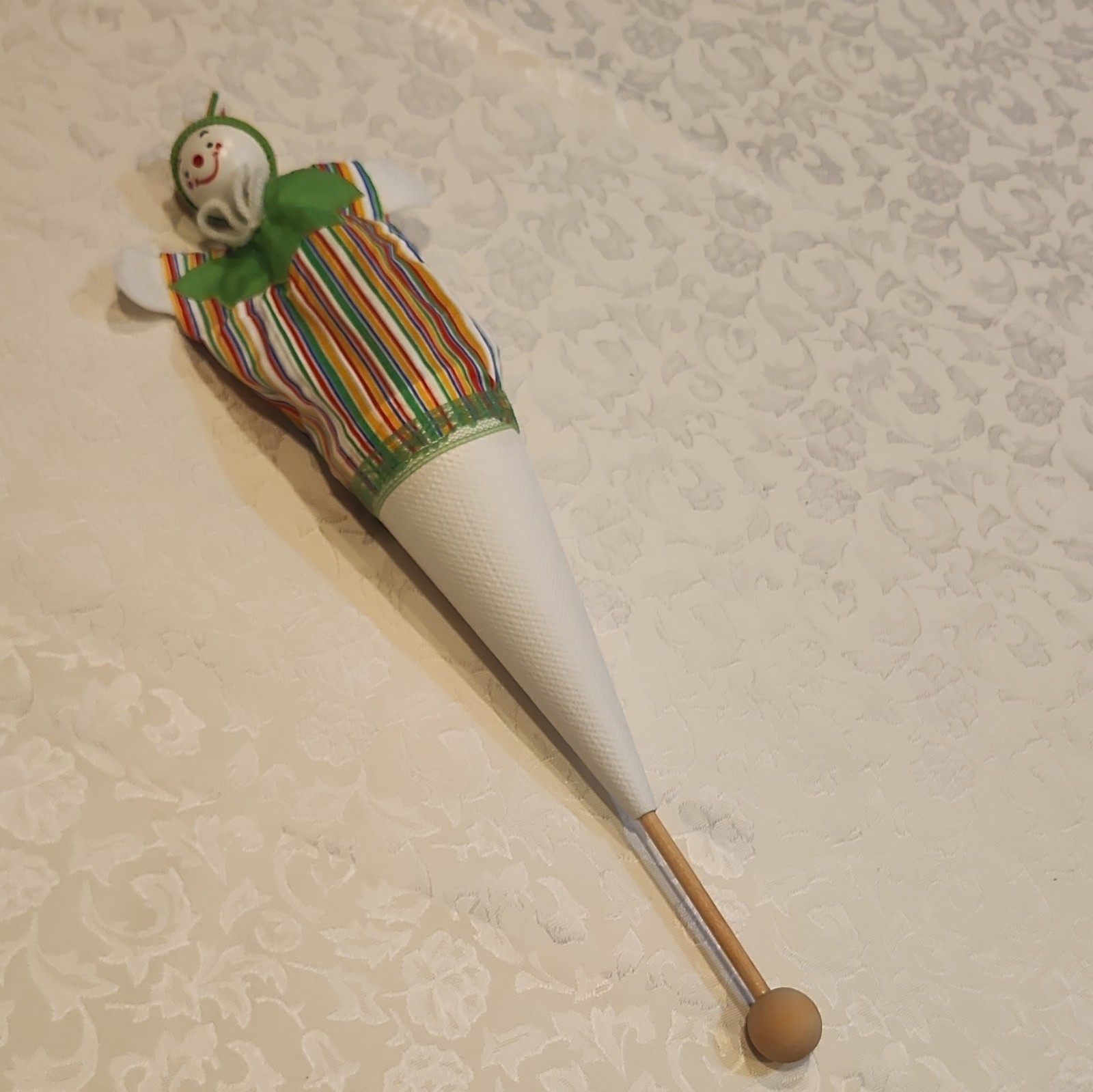 Striped Hooded Clown Stick Puppet Pull String Toy Wooden Handle Rod Ball End