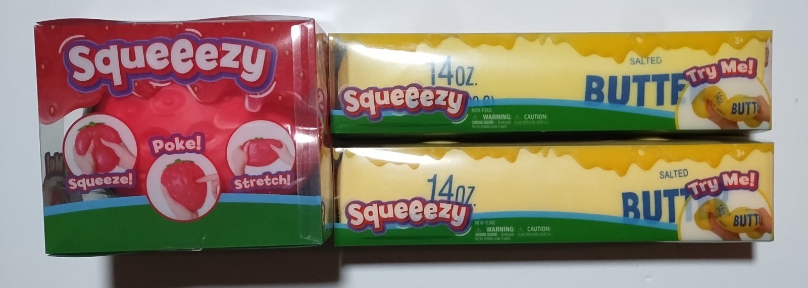 NEW Sunny Days Viral Jumbo Squeezy Butter (2) & Strawberry (1) Squishy Toy ALL 3