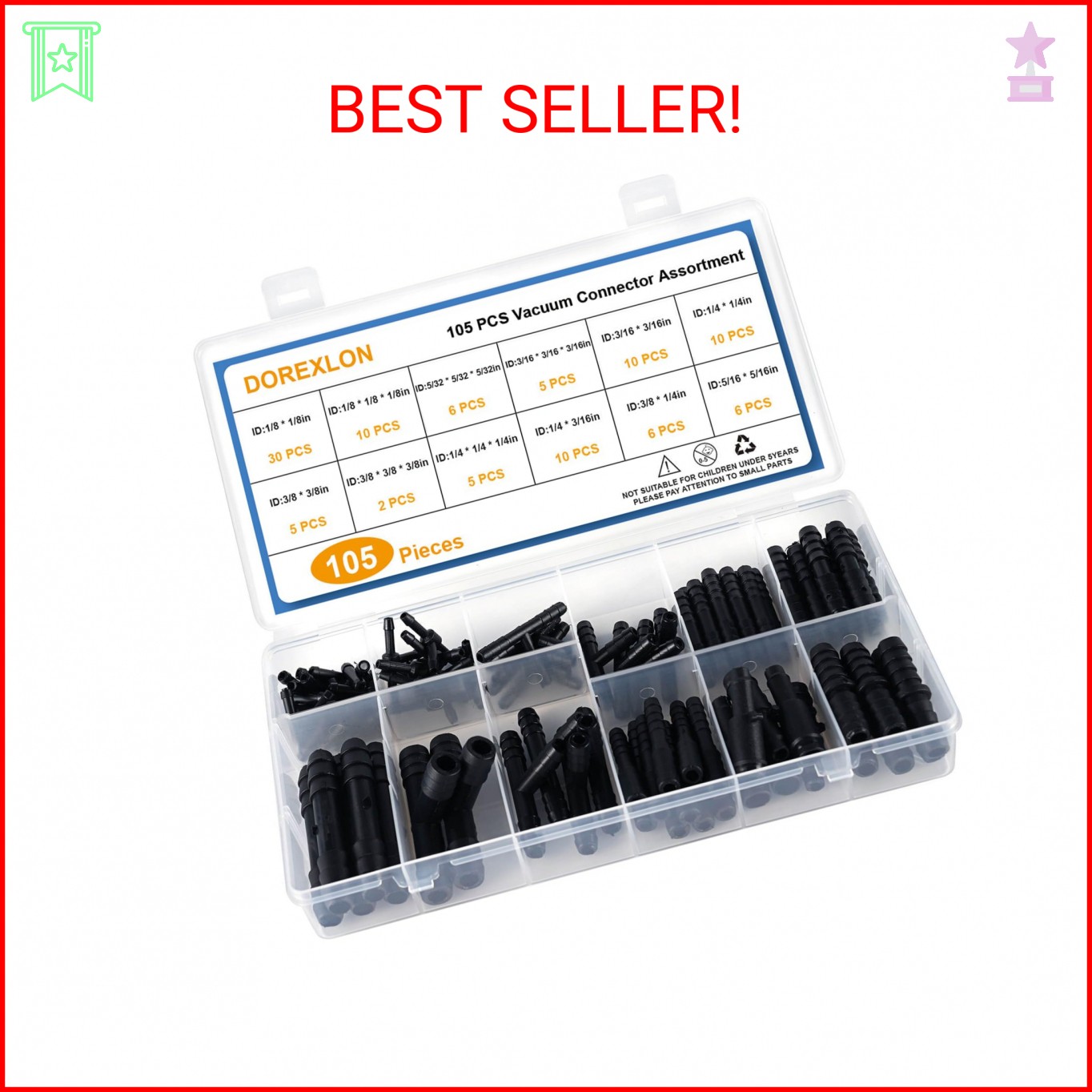 105PCS Automotive Vacuum Connector Assortment, 1/8″ 3/16″ 1/4″ 5/16″ 3/8″ Vacuum