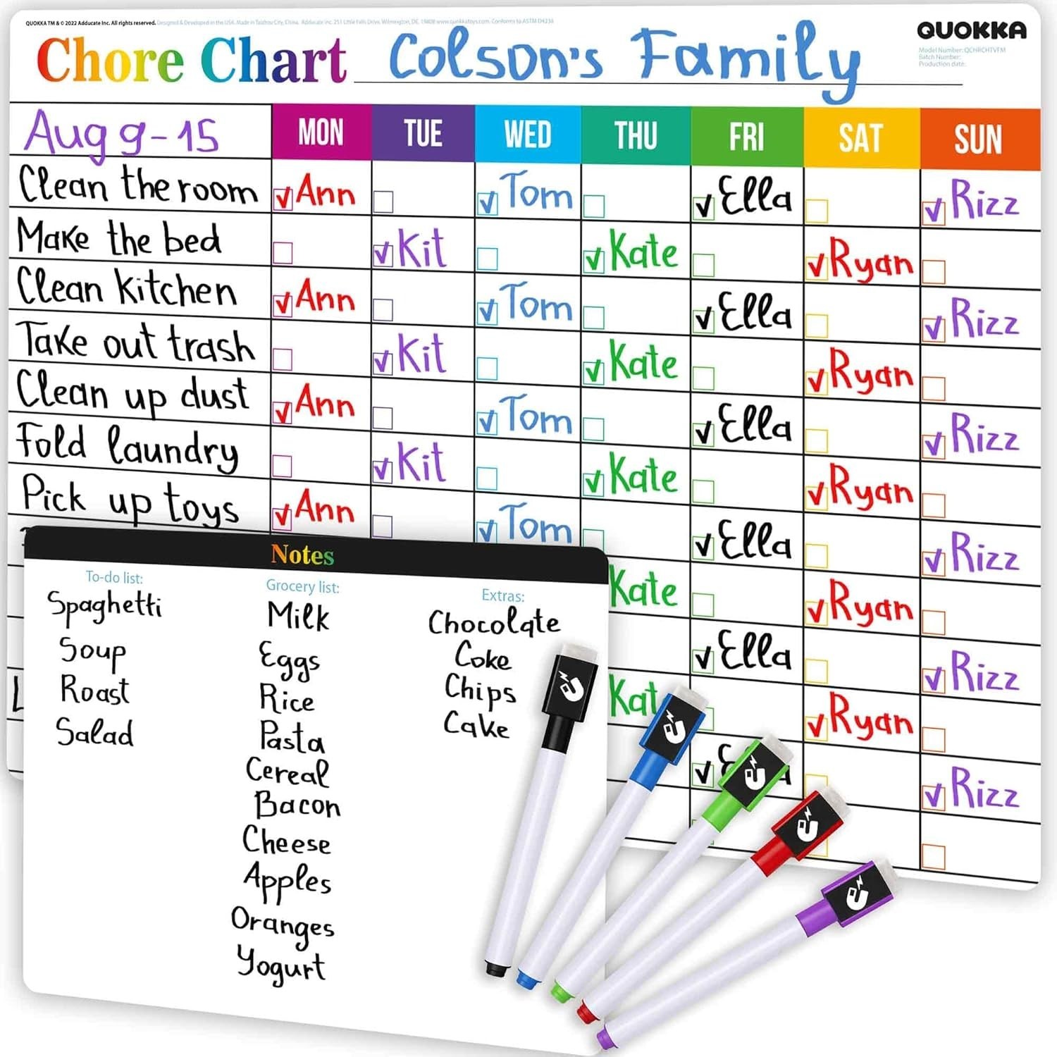 Magnetic Chore Chart for Kids: Visual Dry Erase Weekly Planner, Magnetic Markers